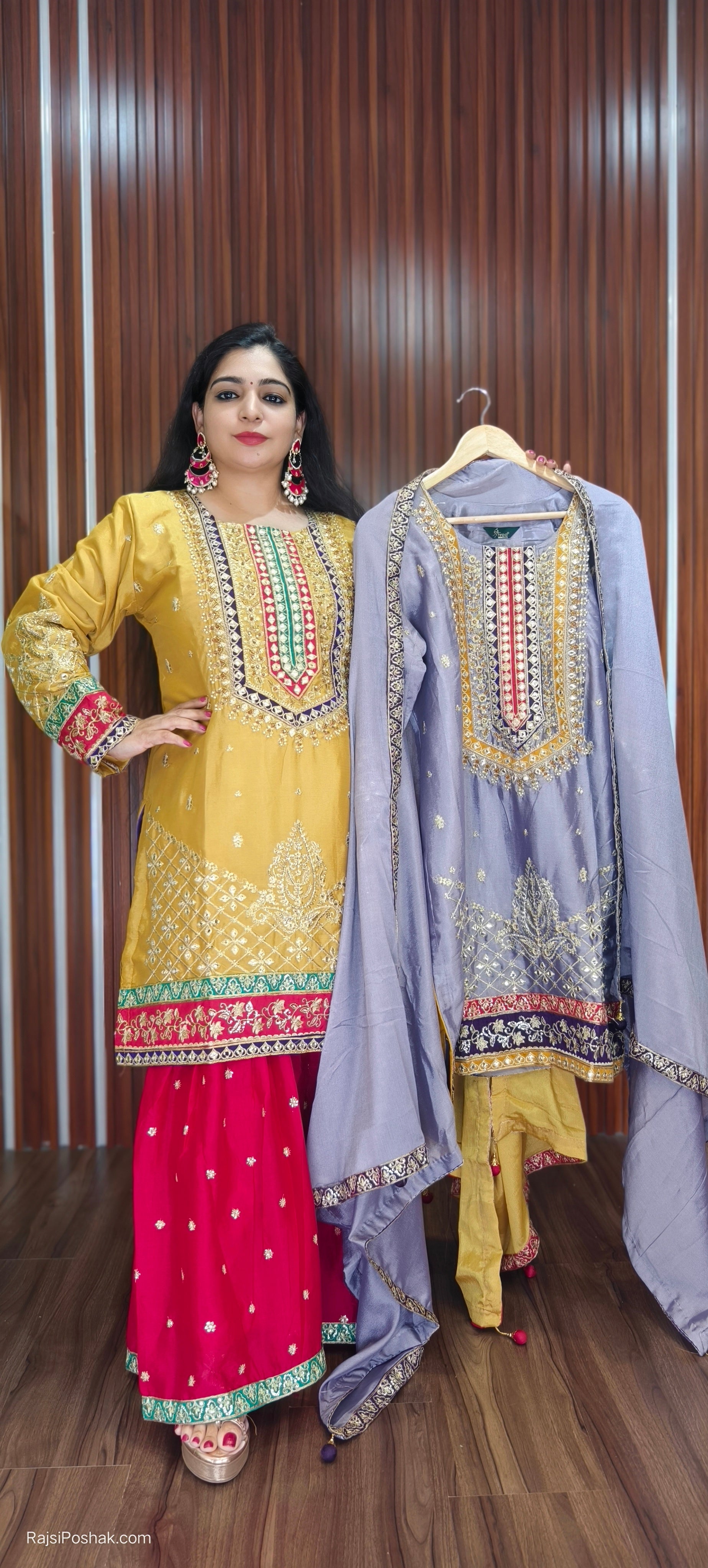 YELLOW CHINON ELEGANT 3 PC PARTY WEAR SUIT WITH GARARA