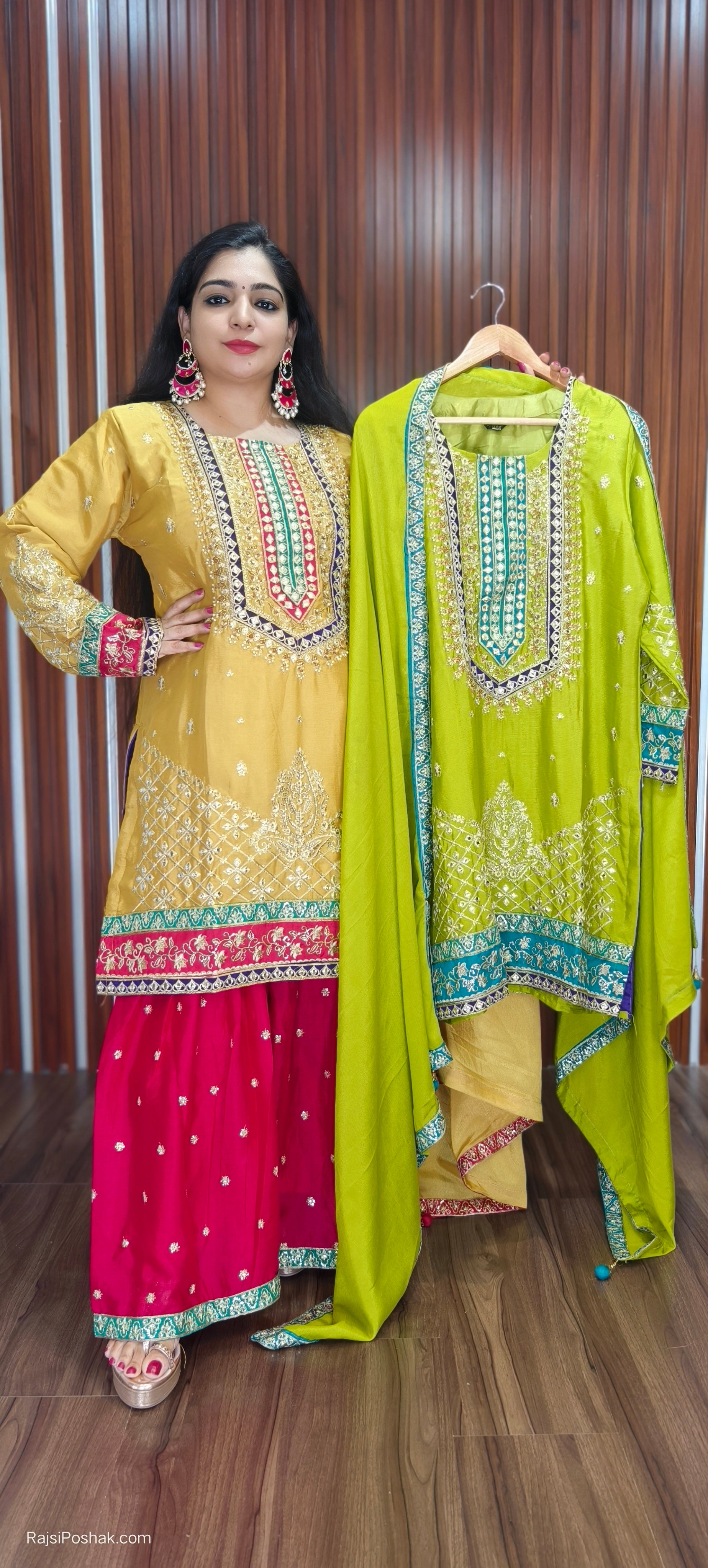 YELLOW CHINON ELEGANT 3 PC PARTY WEAR SUIT WITH GARARA