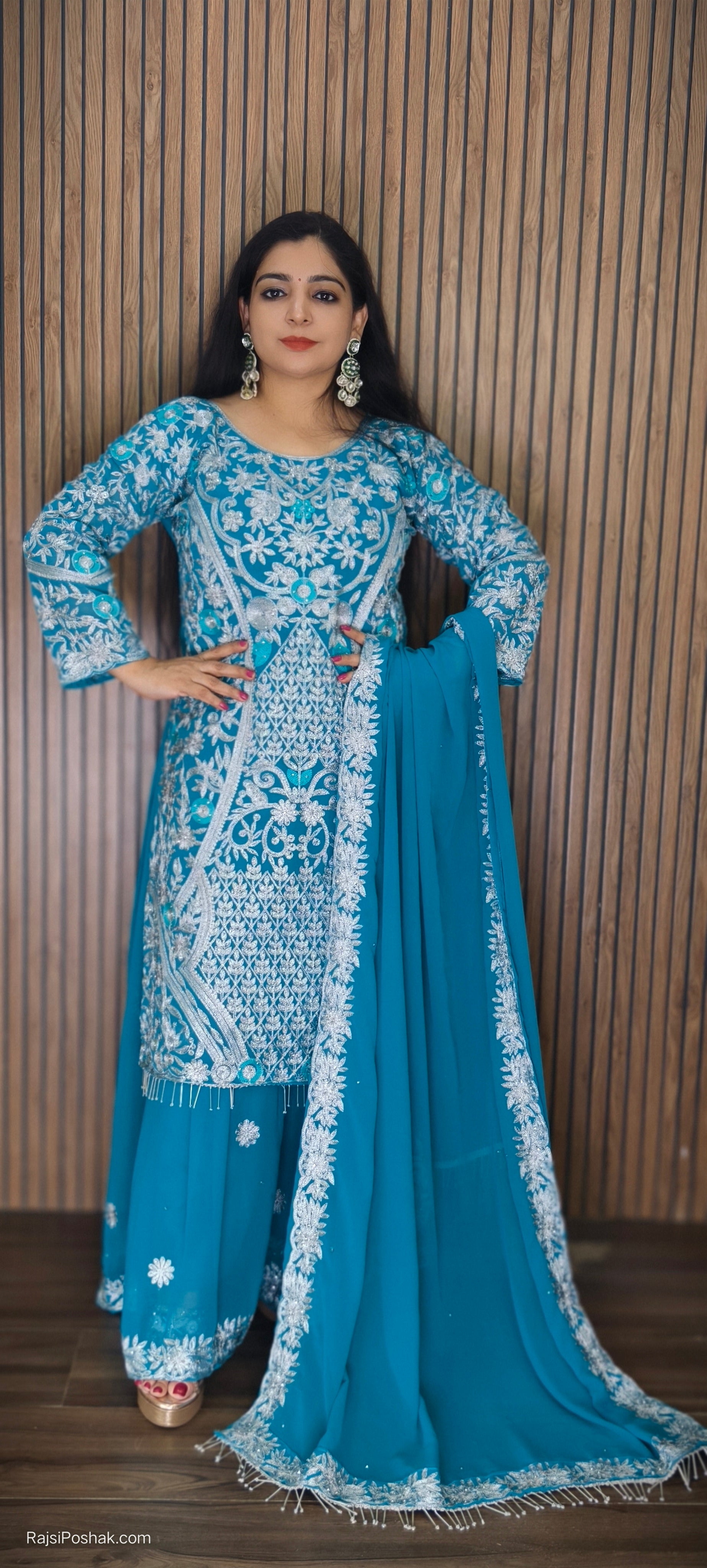 PREMIUM  BLUE PURE GEORGETTE SUIT WITH HEAVY LACE  DETAILING ON DUPATTA