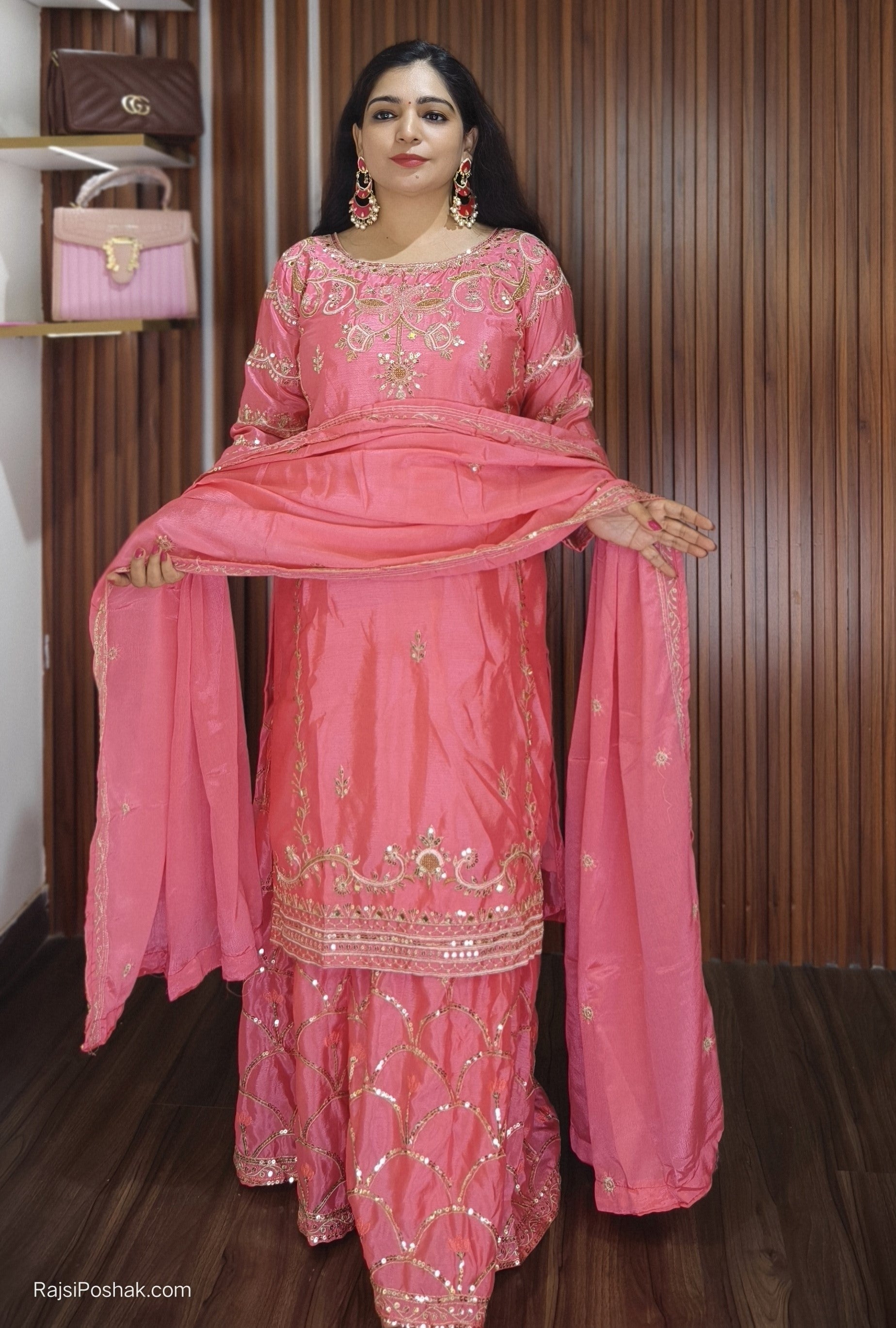 HOT PINK ,RED AND BOTTLE GREEN GEORGETTE PARTY WEAR SUIT WITH  HEAVY SHARARA