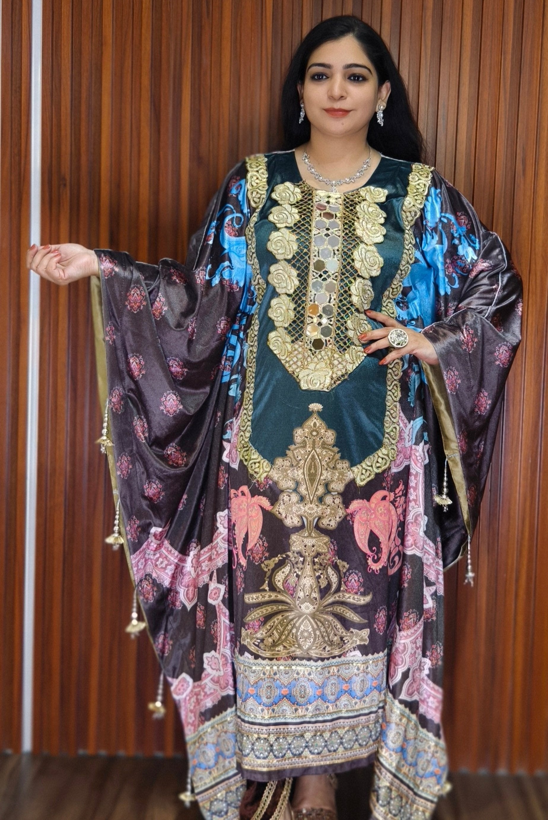 ELEGANT MULTICOULOUR TURQUOISE LONG VELVET KAFTAN