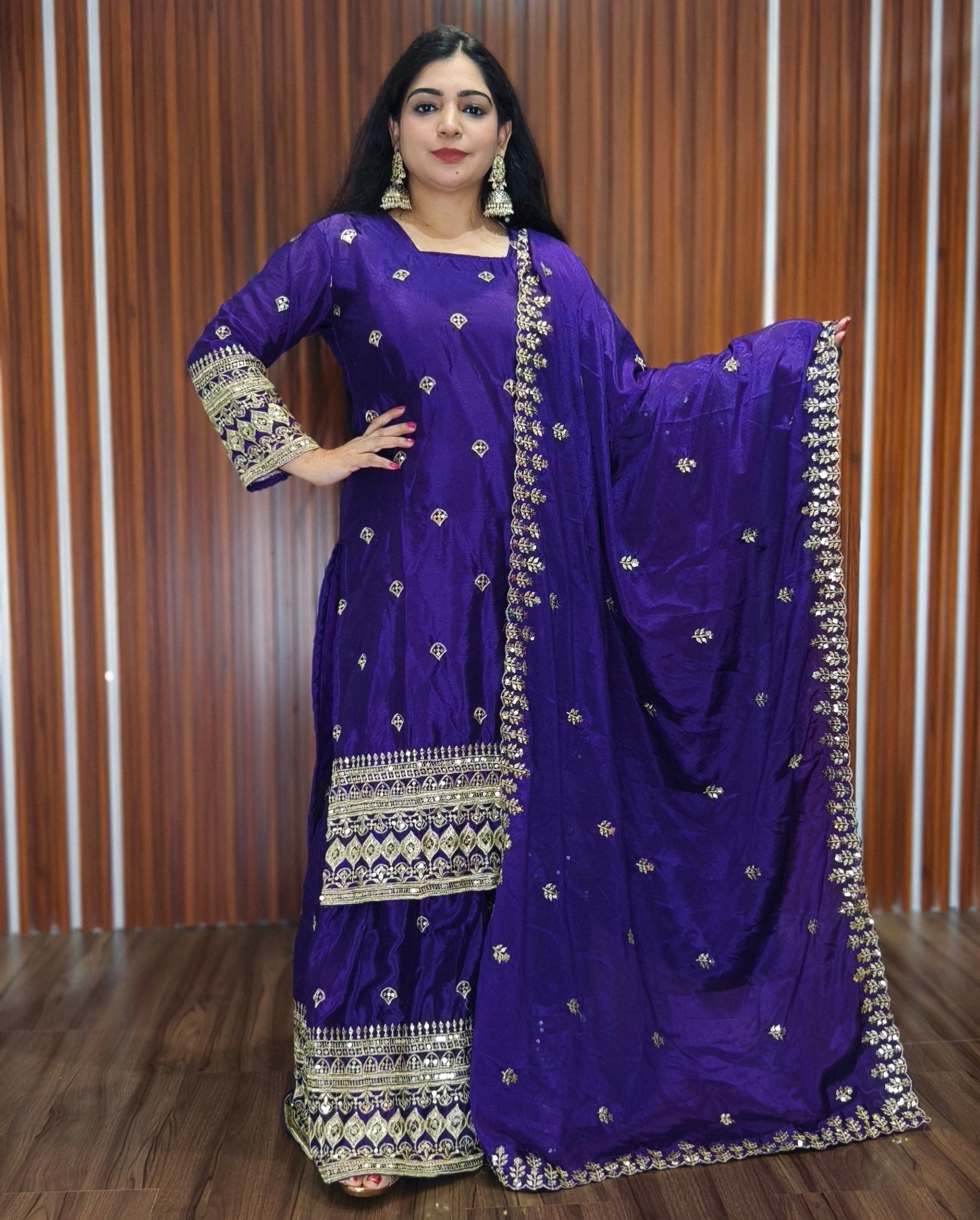 PURPLE  PARTY WEAR CHINON SUIT WITH HEAVY SHARARA