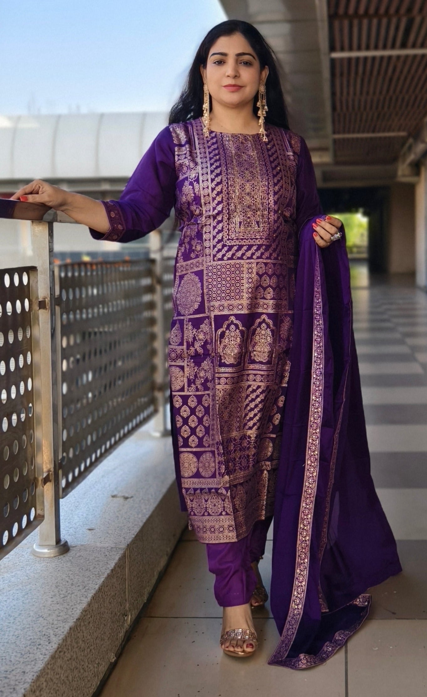 PURPLE PURE DOLA SILK LINING WITH HANDWORK DUPATTA