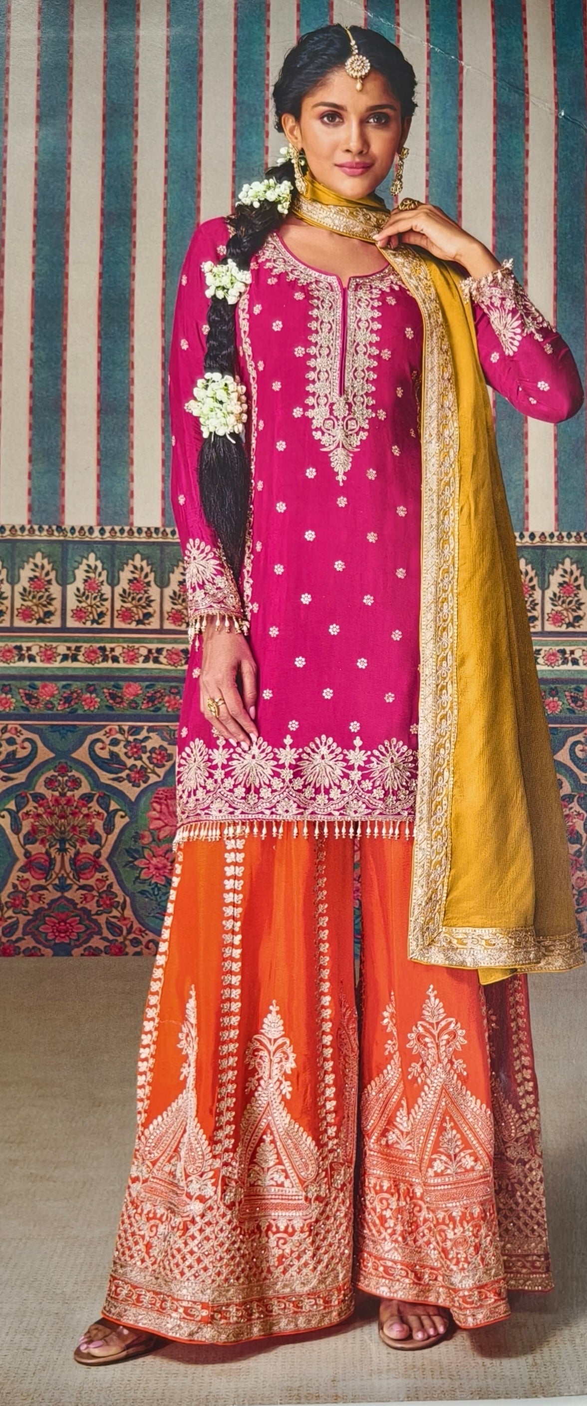 PARTY WEAR 3D  CHINON SHARARA SUIT WITH DUPATTA