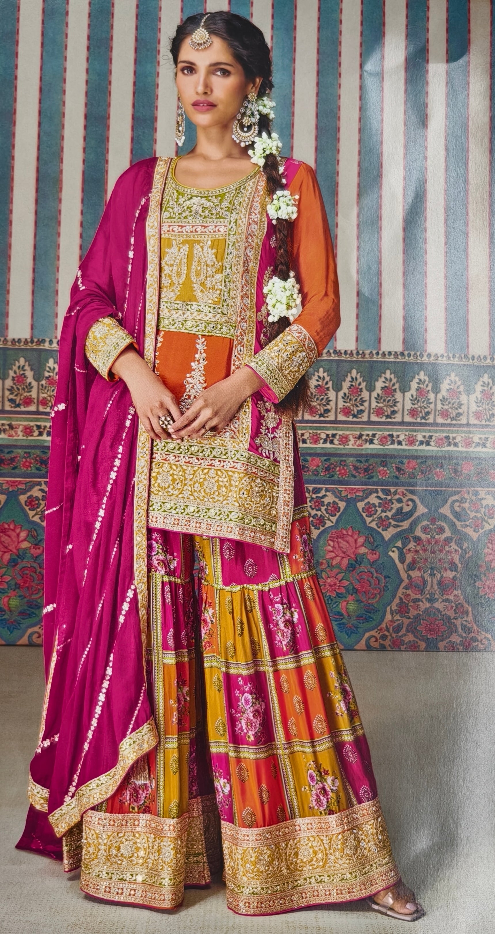 PARTY WEAR MULTICOLOUR  CHINON SHARARA SUIT WITH DUPATTA