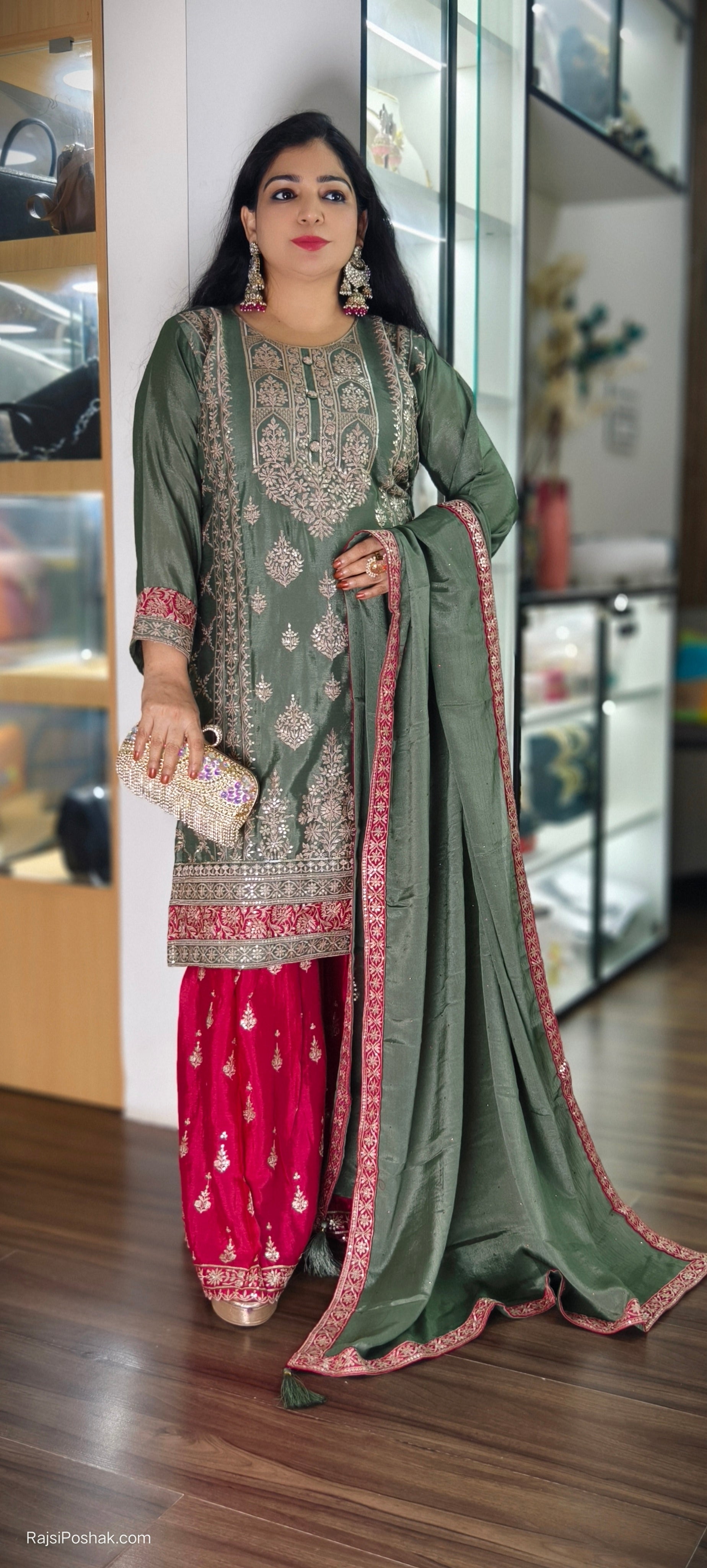 GREEN,YELLOW,PINK & PEACH CHINON SILK SHARARA SUIT