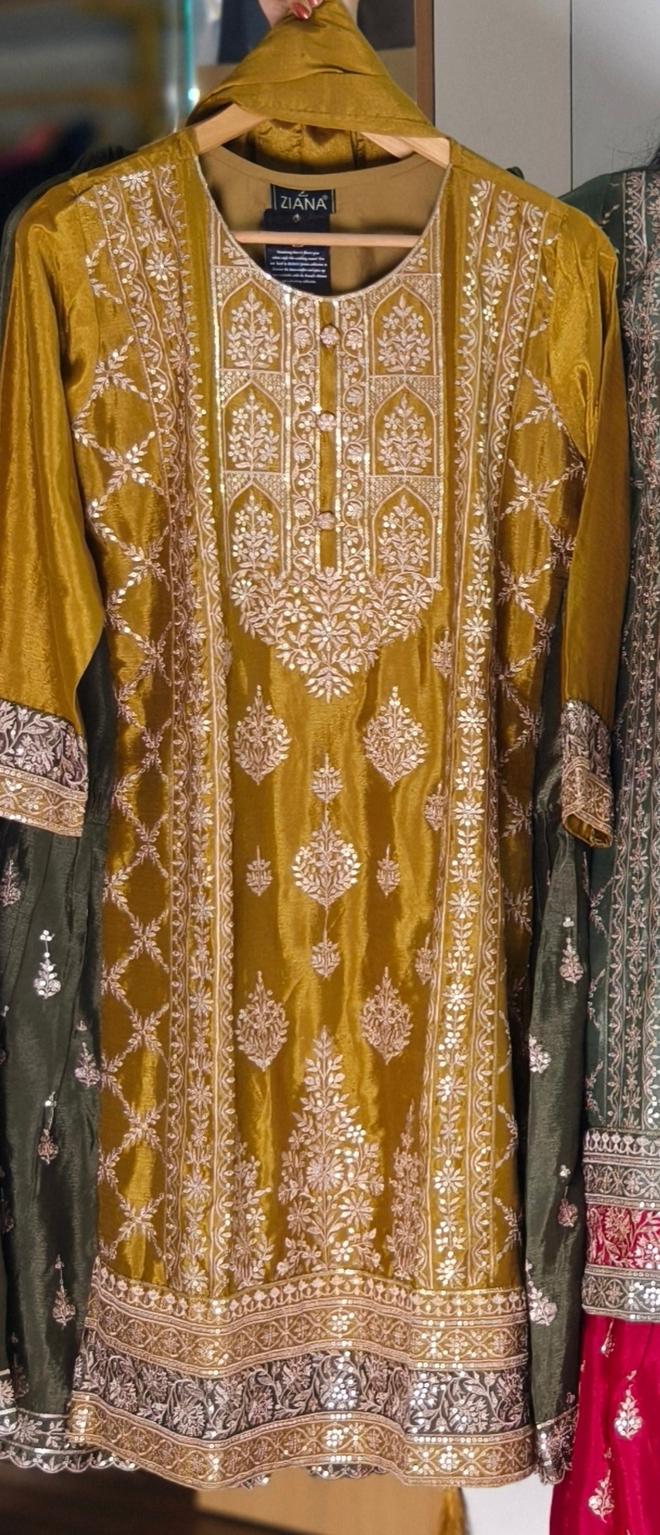 GREEN,YELLOW,PINK & PEACH CHINON SILK SHARARA SUIT