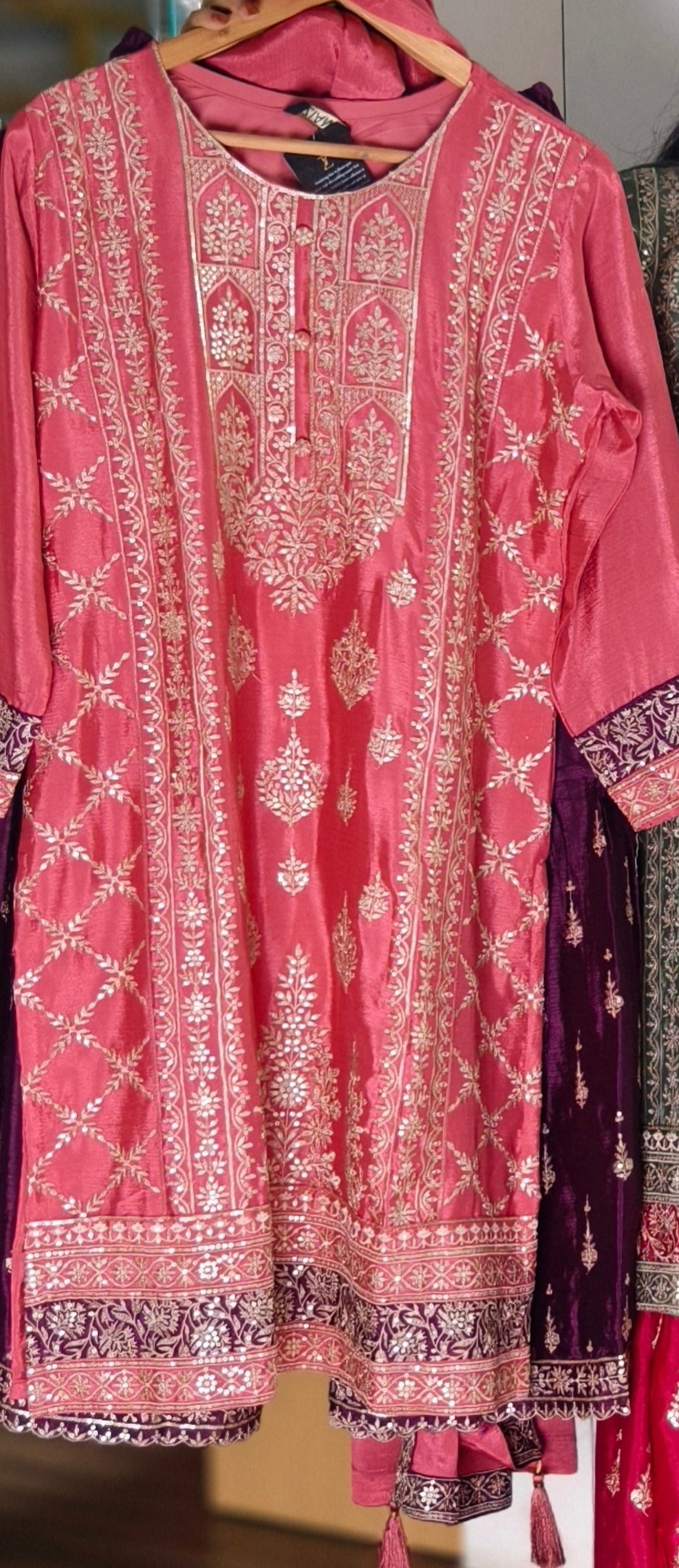 GREEN,YELLOW,PINK & PEACH CHINON SILK SHARARA SUIT