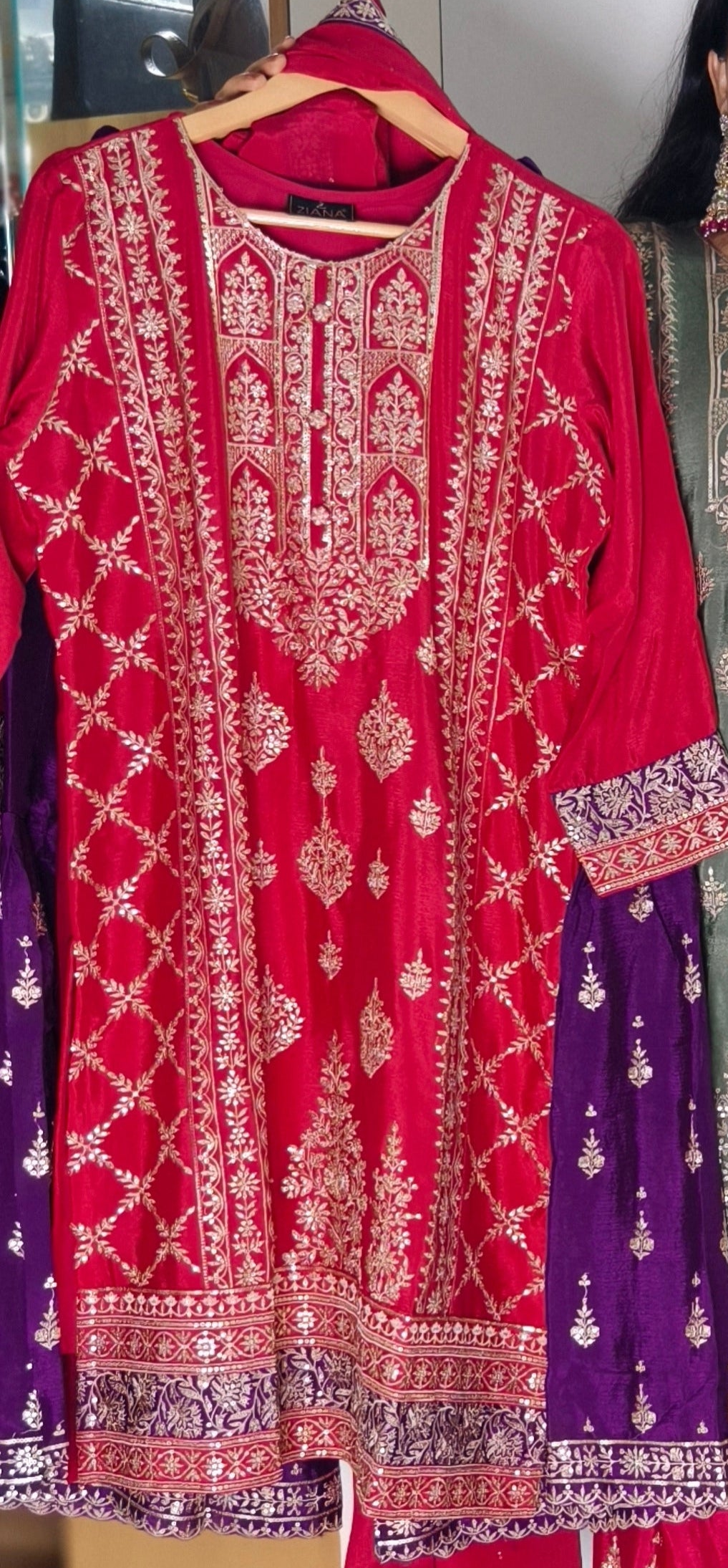 GREEN,YELLOW,PINK & PEACH CHINON SILK SHARARA SUIT