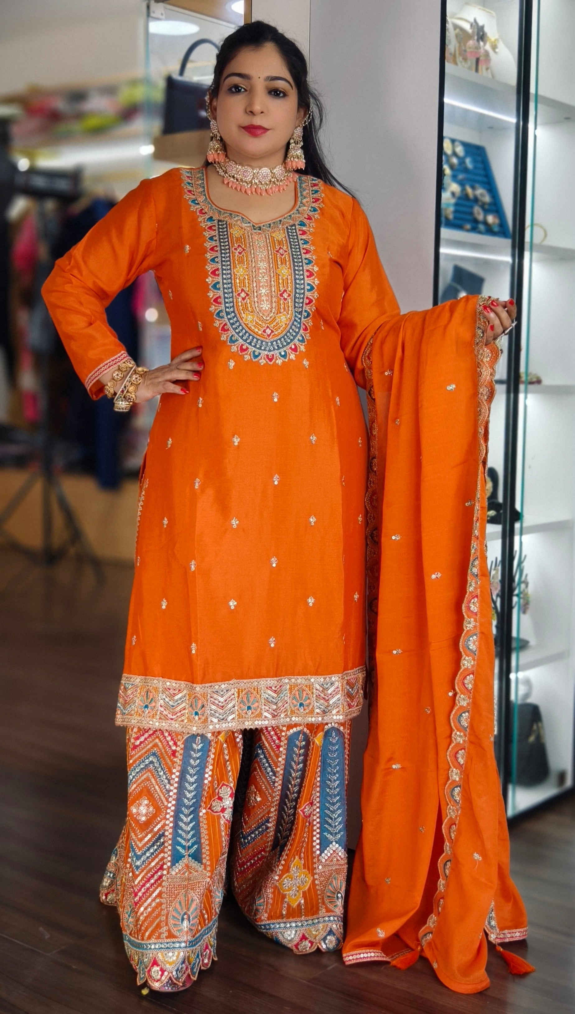 ORANGE , PINK, YELLOW & PURPLE CHINON EMBRORAIRED SHARARA SUIT