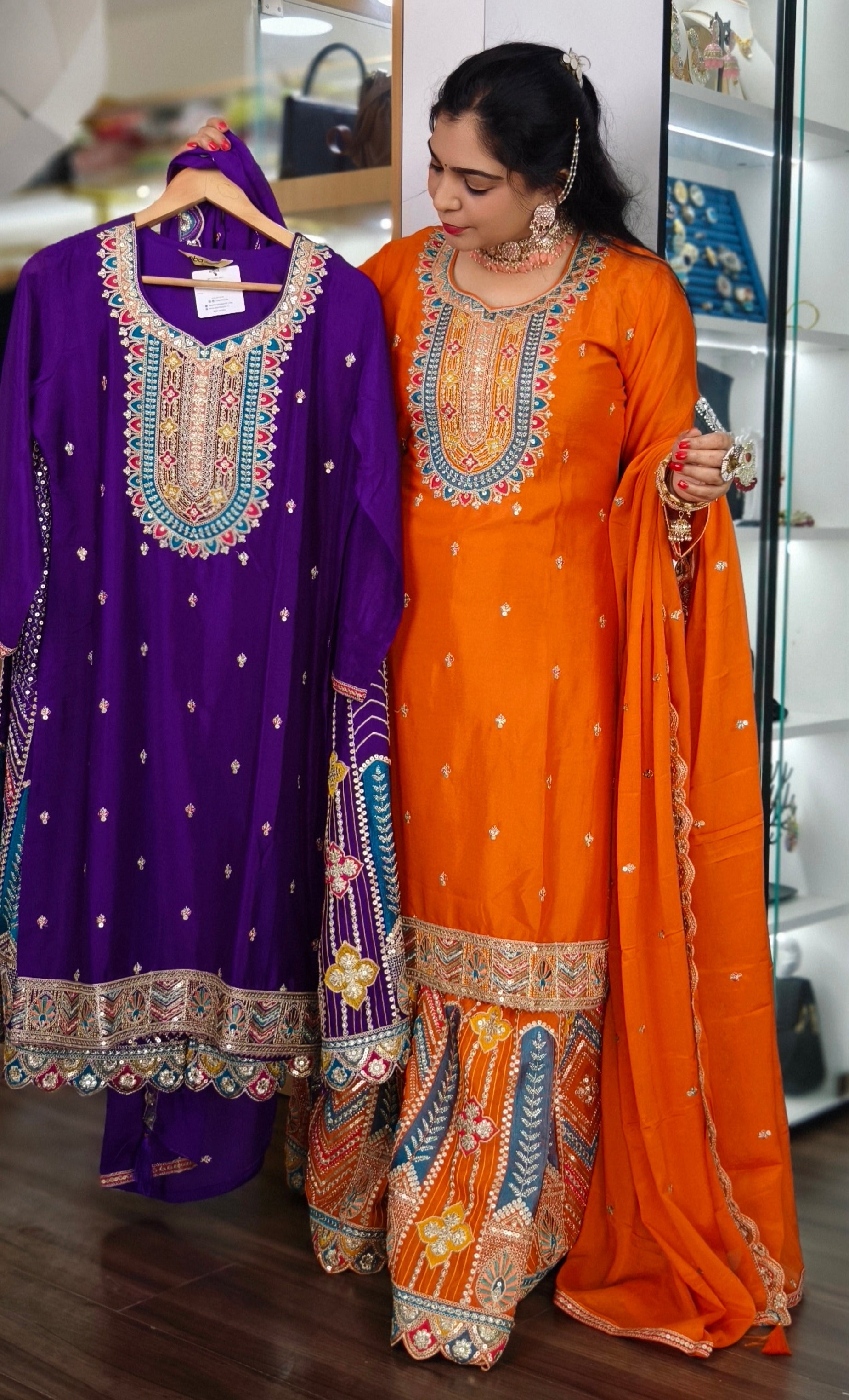 ORANGE , PINK, YELLOW & PURPLE CHINON EMBRORAIRED SHARARA SUIT