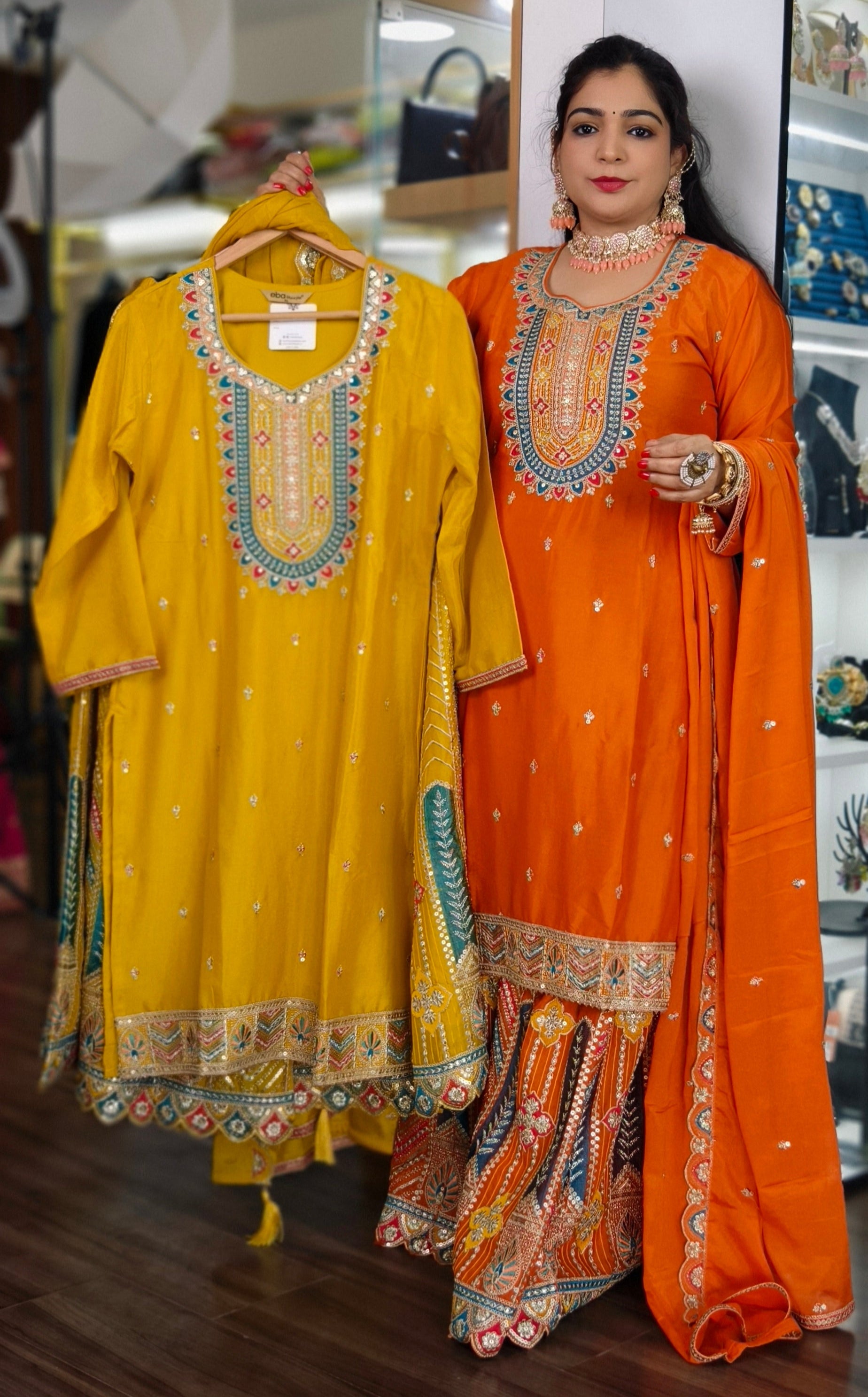 ORANGE , PINK, YELLOW & PURPLE CHINON EMBRORAIRED SHARARA SUIT