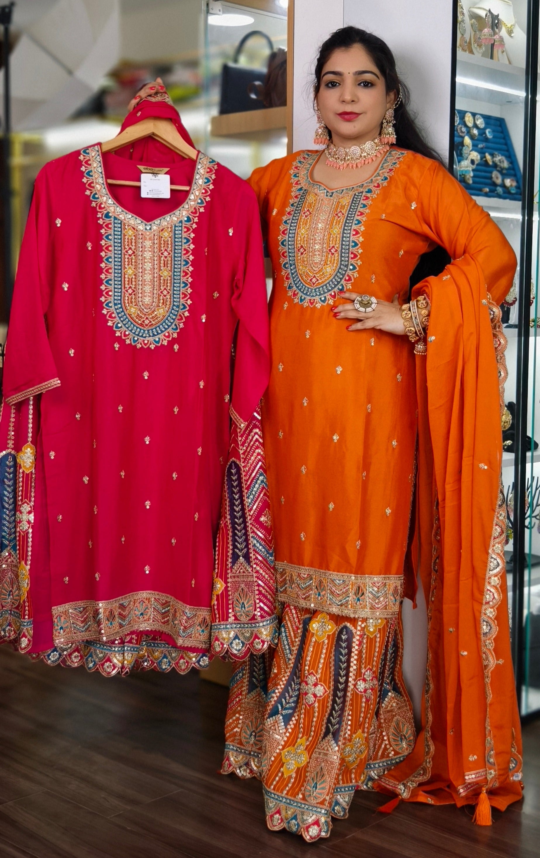 ORANGE , PINK, YELLOW & PURPLE CHINON EMBRORAIRED SHARARA SUIT