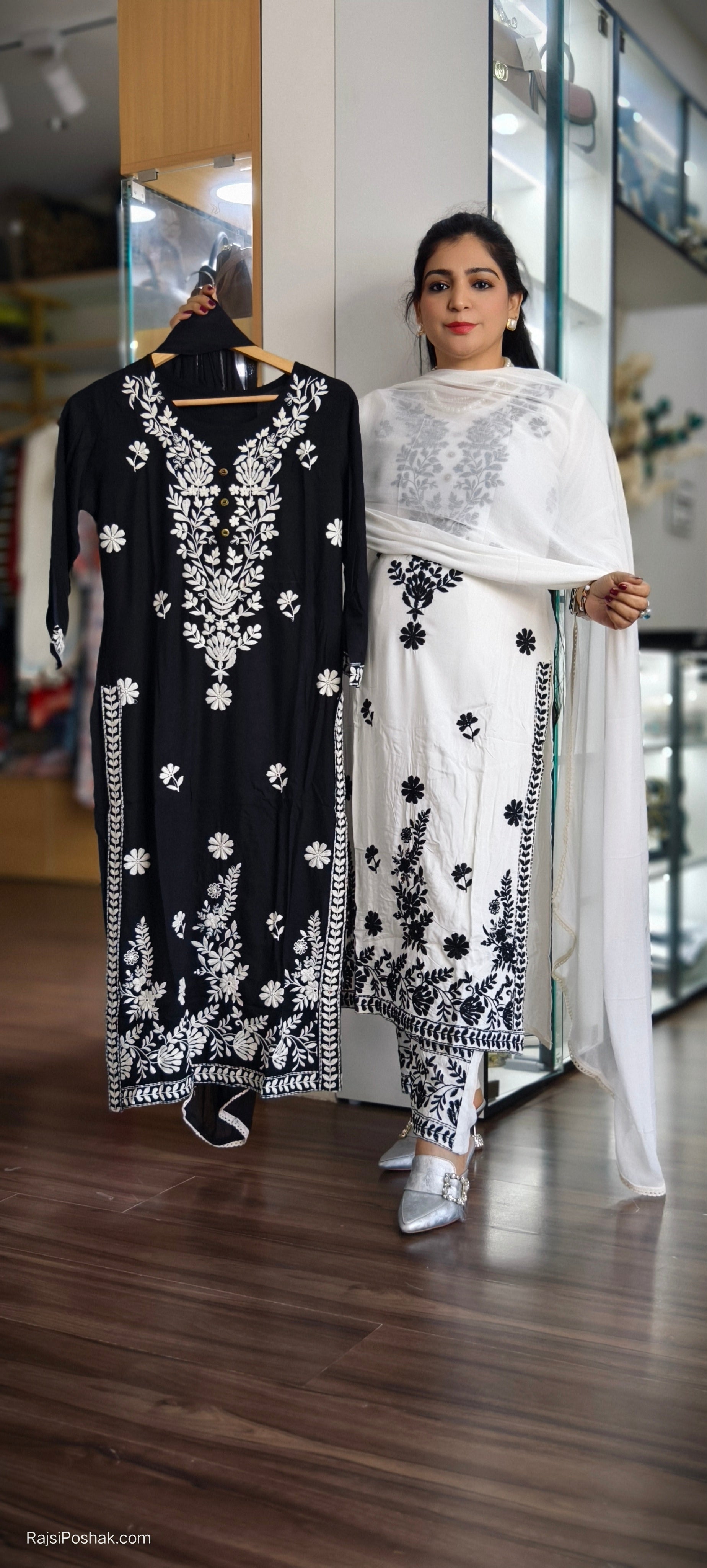 WHITE AND BLACK 3 PC EMBROIDERED SUIT WITH DUPATTA
