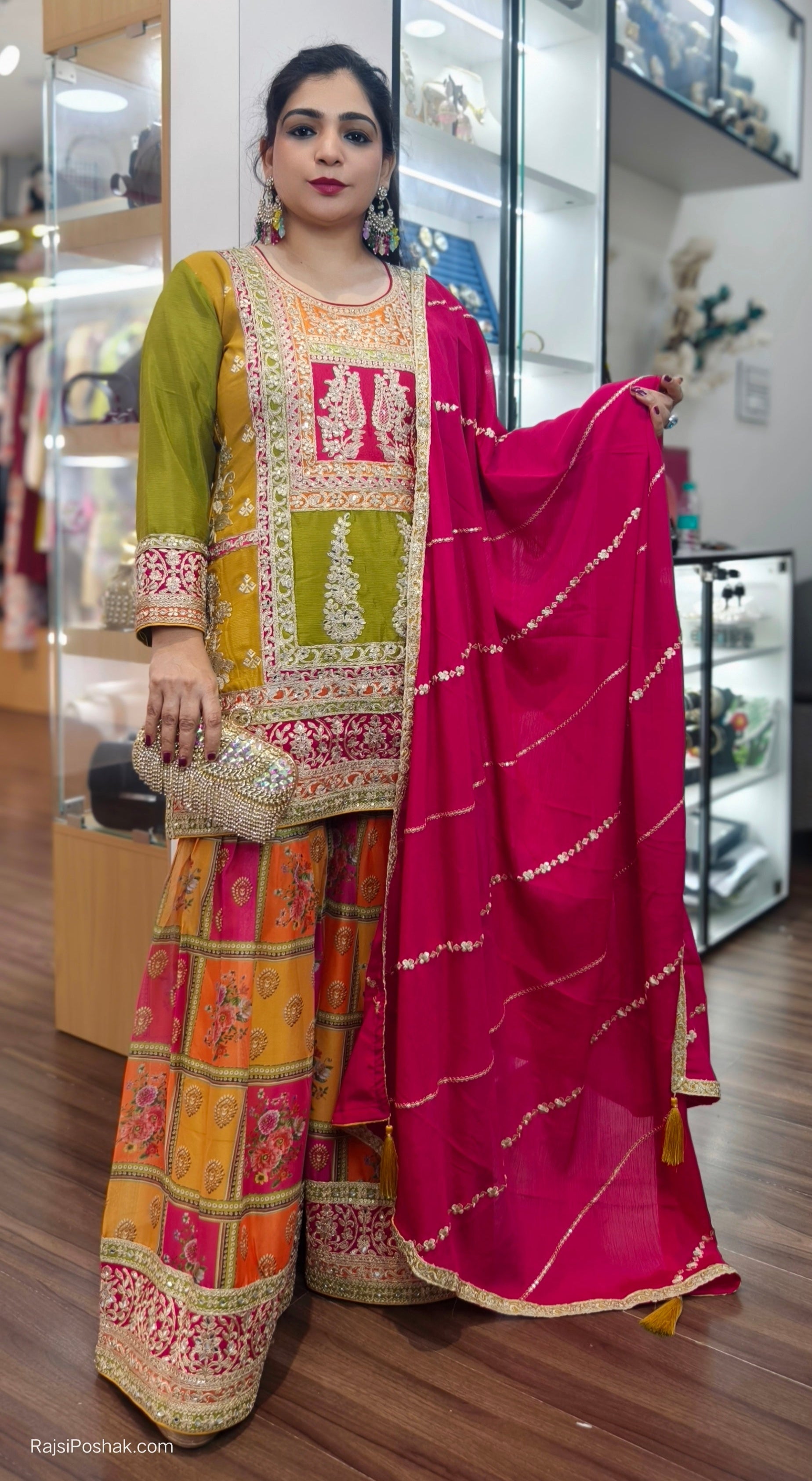 MULTICOLOUR CHINON EMBRORAIRED SHARARA SUIT