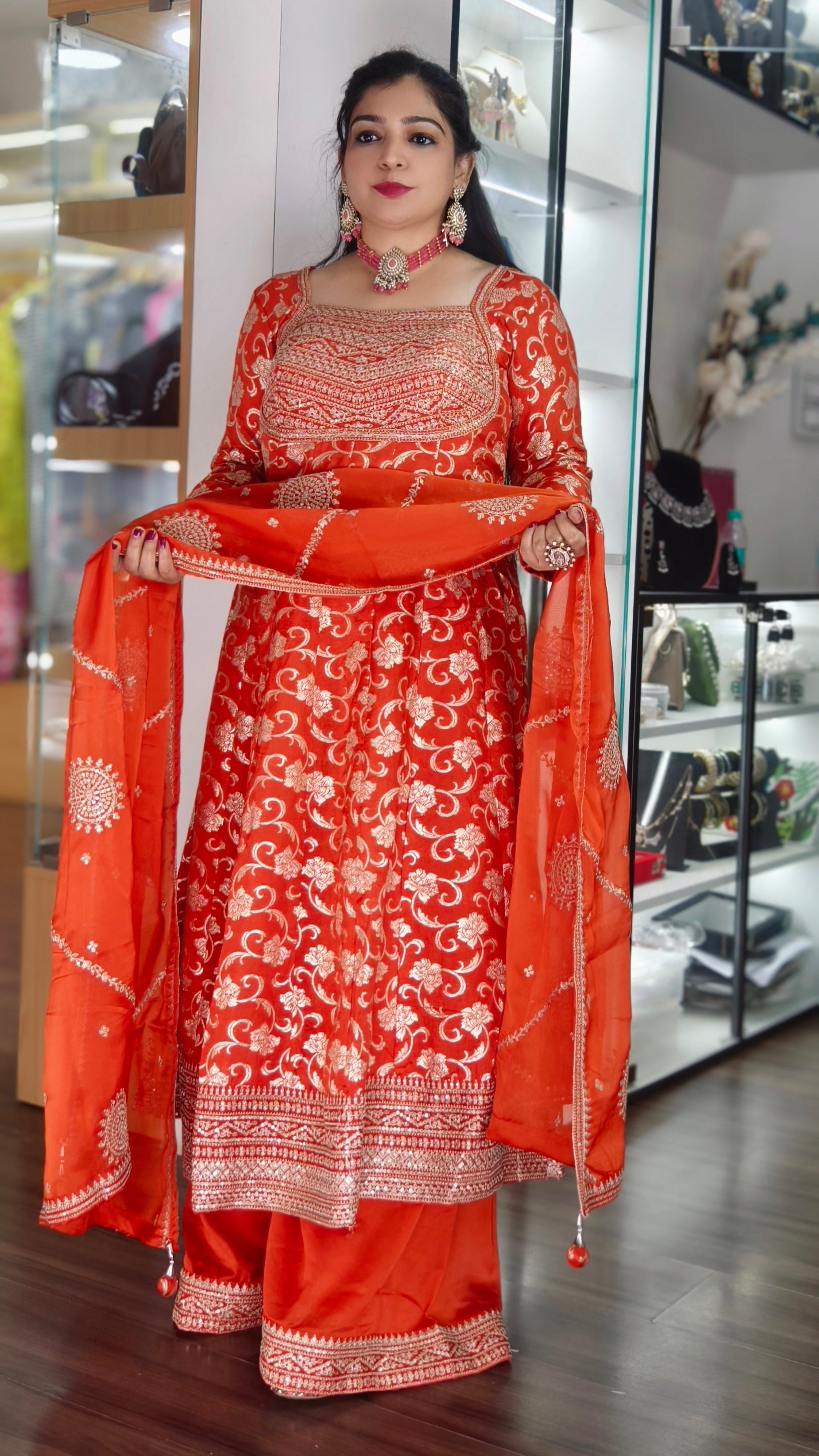 ORANGE PREMIUM BANARASI SILK PARTY WEAR SET WITH DIVIDER AND TISSUE DUPATTA