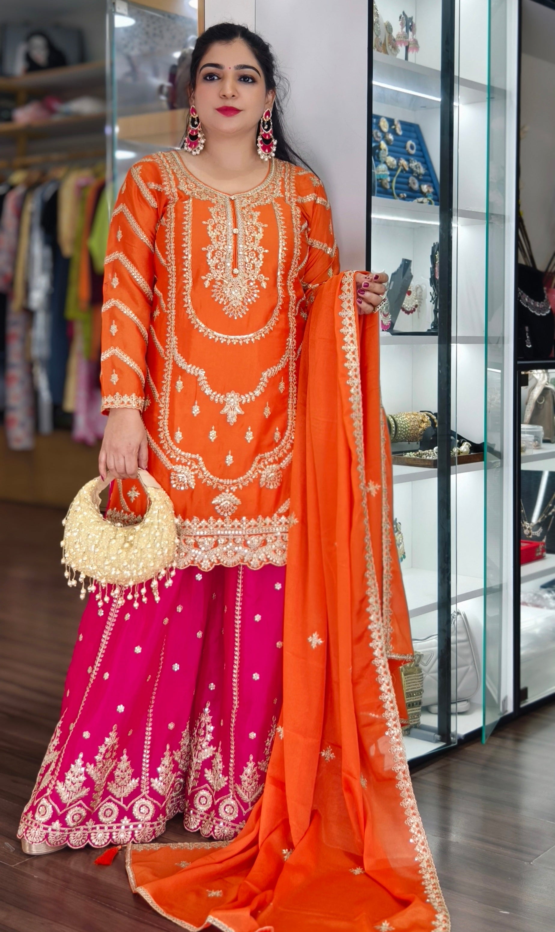 BLUE,ORANGE & PINK PREMIUM CHINON EMBRORAIRED SHARARA SUIT WITH FULL DUPATTA
