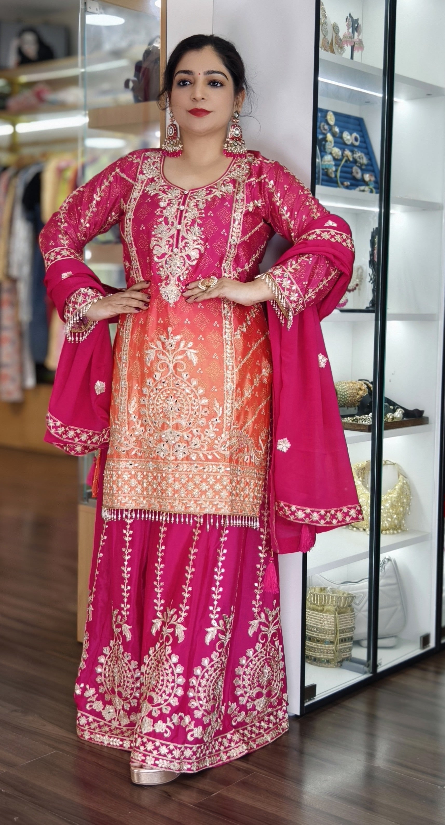PINK AND YELLOW PREMIUM CREPE EMBRORAIRED SUIT WITH CHINON SARARA & FULL DUPATTA