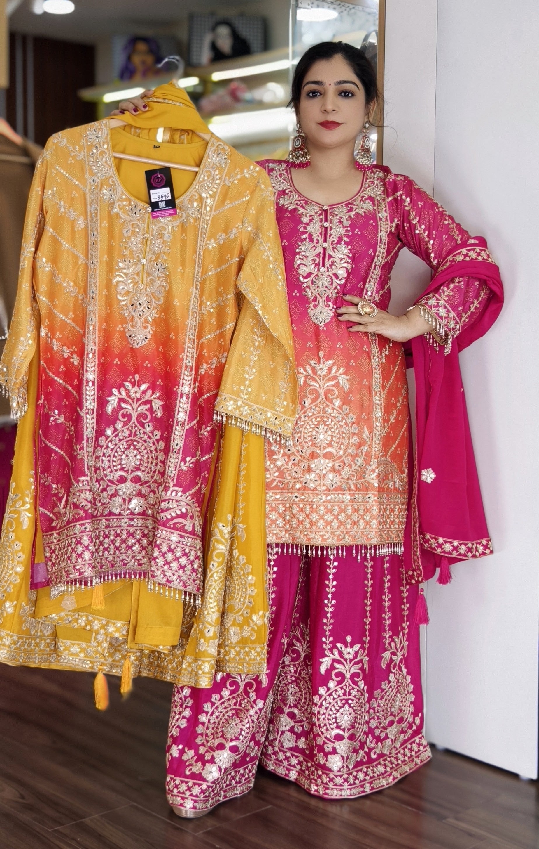 PINK AND YELLOW PREMIUM CREPE EMBRORAIRED SUIT WITH CHINON SARARA & FULL DUPATTA