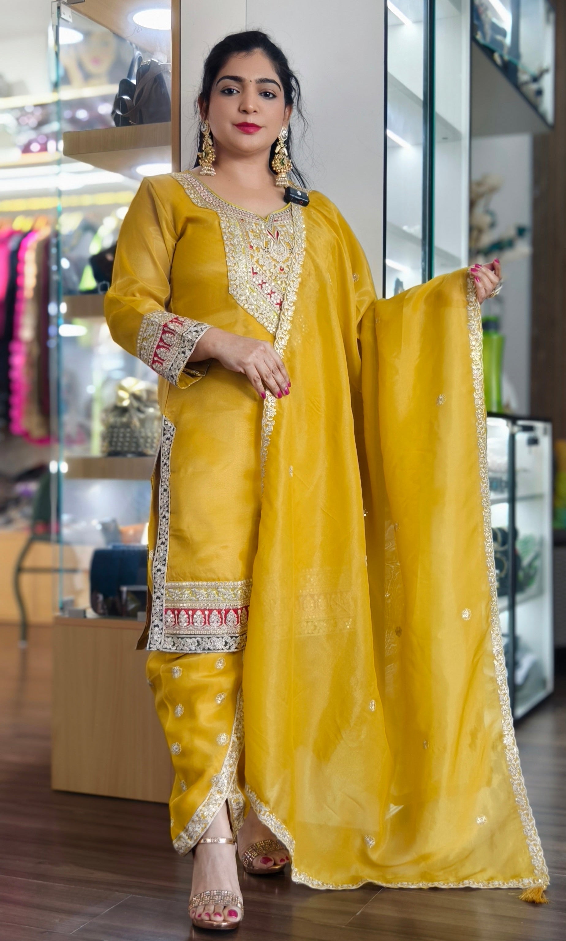 YELLOW , PURPLE AND PISTA  TISSUE FABRIC WITH  TULIP  PANTS  AND BEAUTIFUL