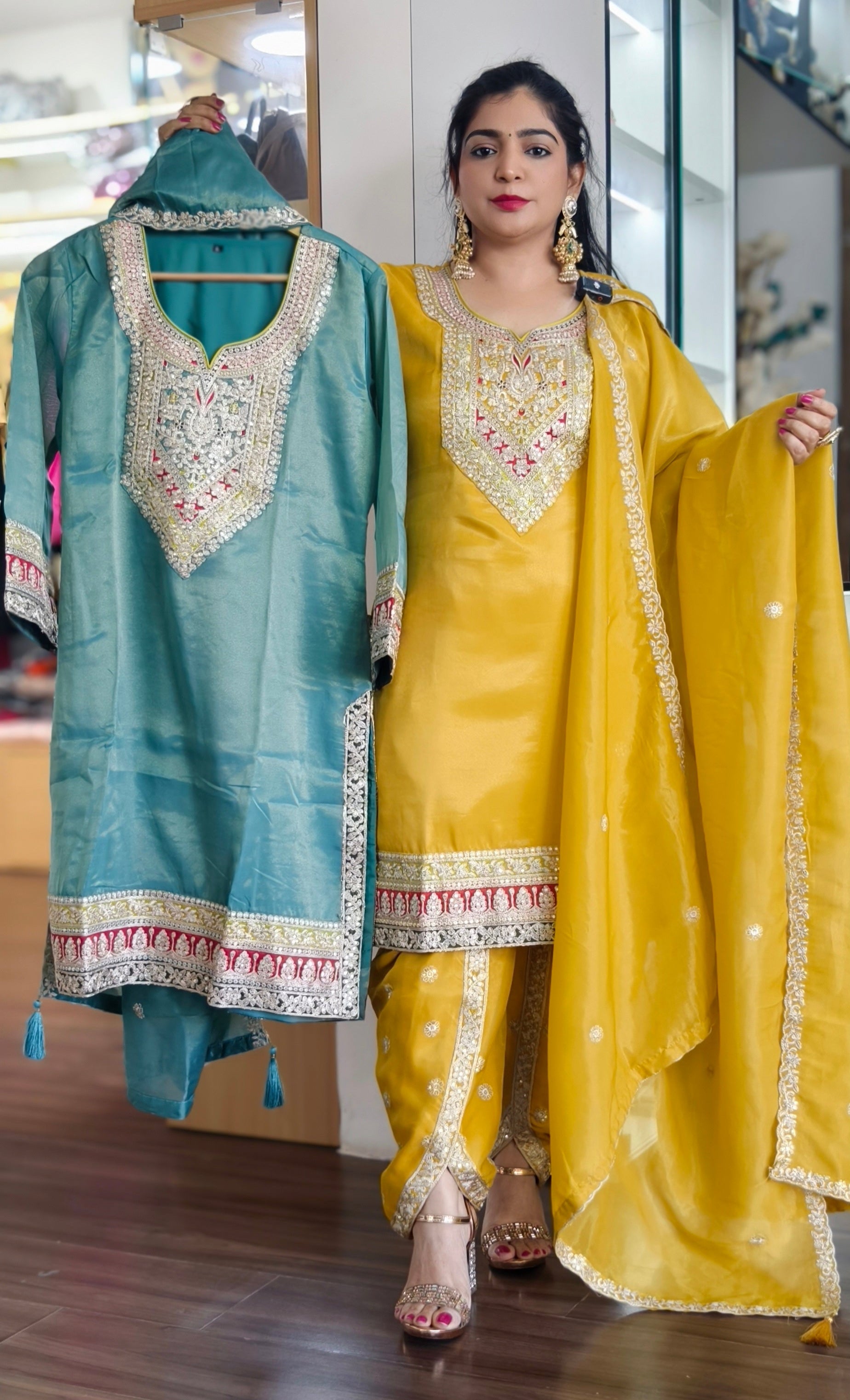 YELLOW , PURPLE AND PISTA  TISSUE FABRIC WITH  TULIP  PANTS  AND BEAUTIFUL