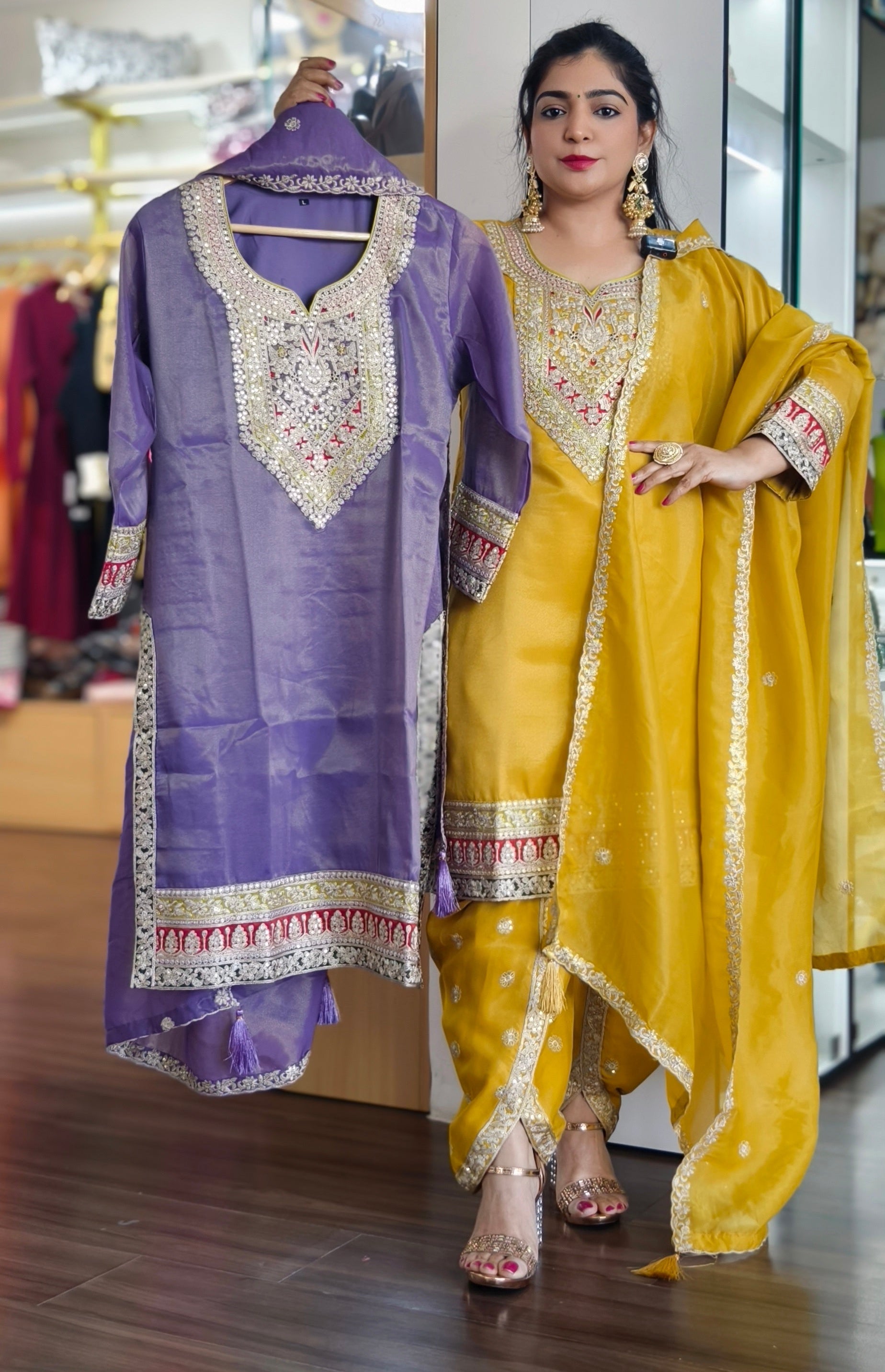 YELLOW , PURPLE AND PISTA  TISSUE FABRIC WITH  TULIP  PANTS  AND BEAUTIFUL