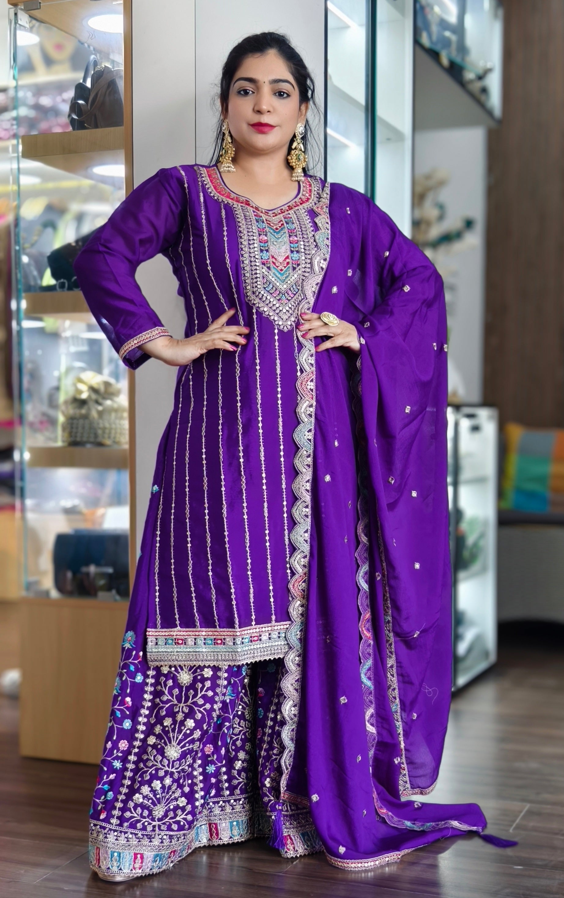 BLUE AND ORANGE PREMIUM CHINON EMBRORAIRED SHARARA SUIT WITH FULL DUPATTA