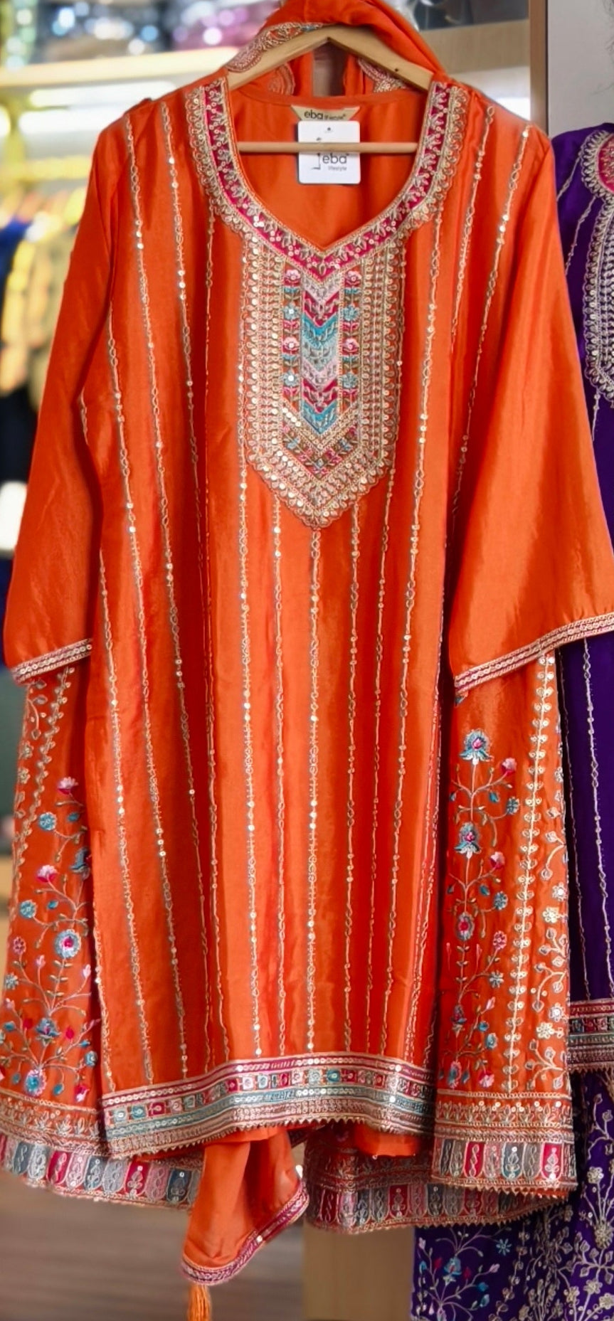 BLUE AND ORANGE PREMIUM CHINON EMBRORAIRED SHARARA SUIT WITH FULL DUPATTA