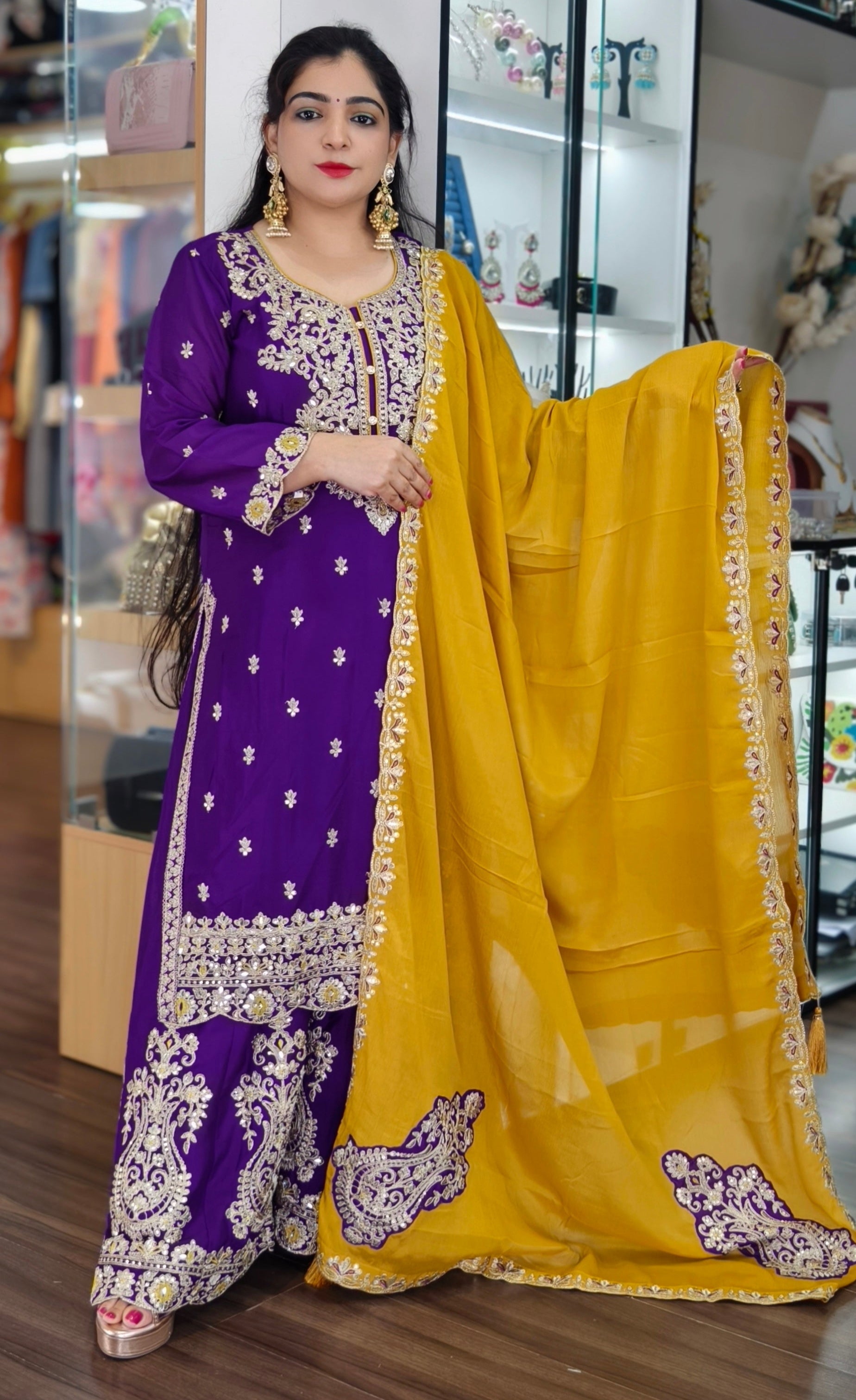 MAGENTA AND PURPLE CHINON SHARARA SUIT WITH MAROON DUPATTA, PERFECT FOR PARTYWEAR