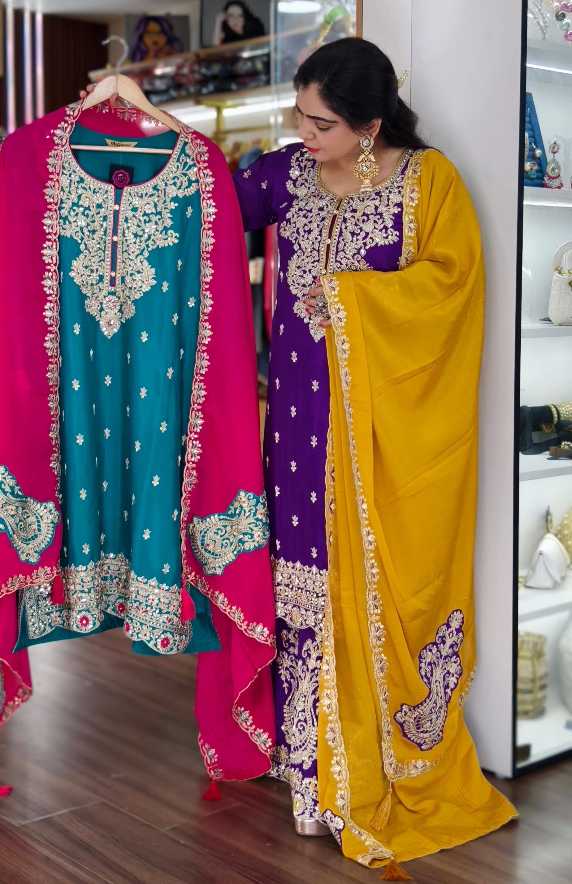 MAGENTA AND PURPLE CHINON SHARARA SUIT WITH MAROON DUPATTA, PERFECT FOR PARTYWEAR