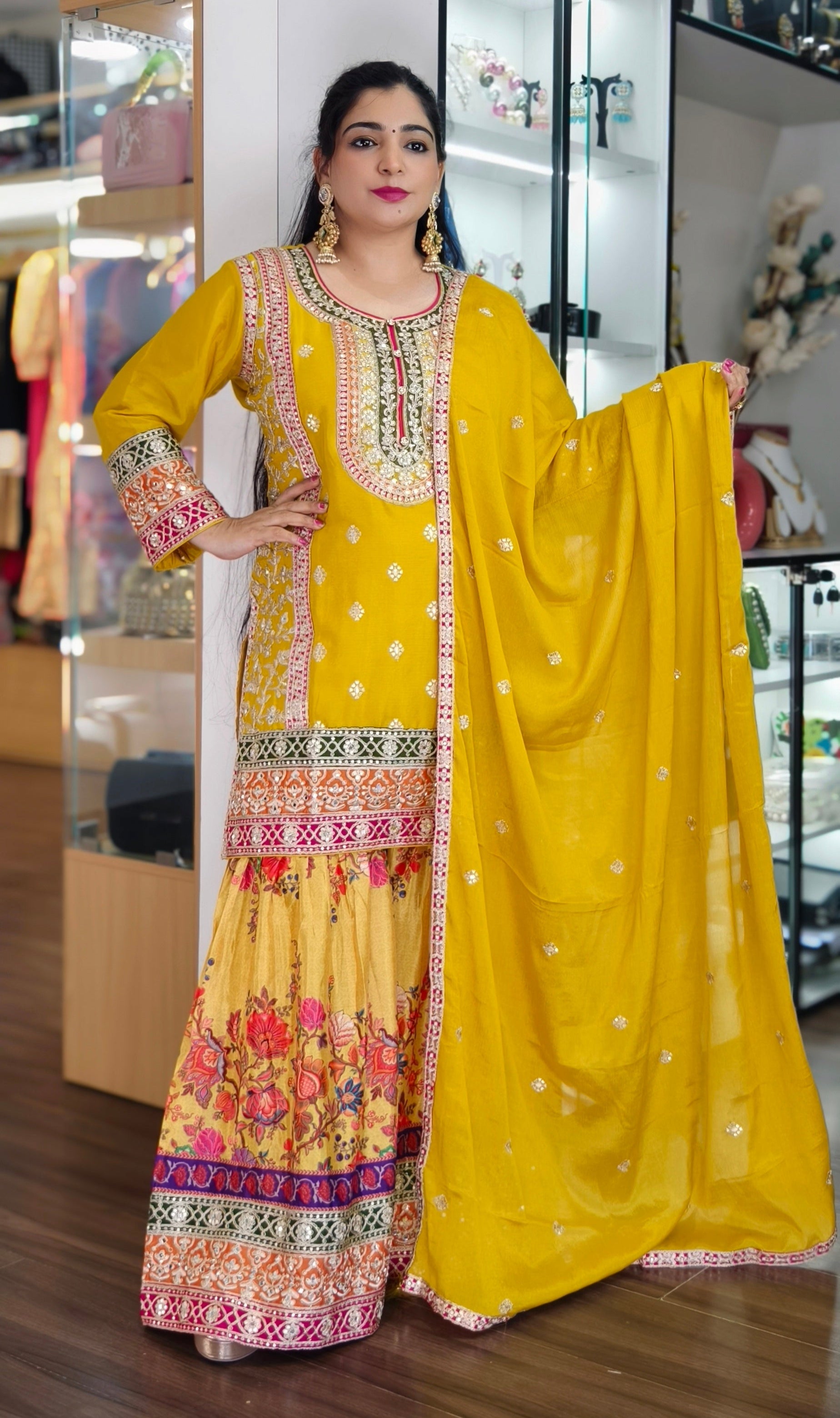 YELLOW AND ORANGE PREMIUM CHINON EMBRORAIRED CREPE SHARARA SUIT WITH FULL DUPATTA