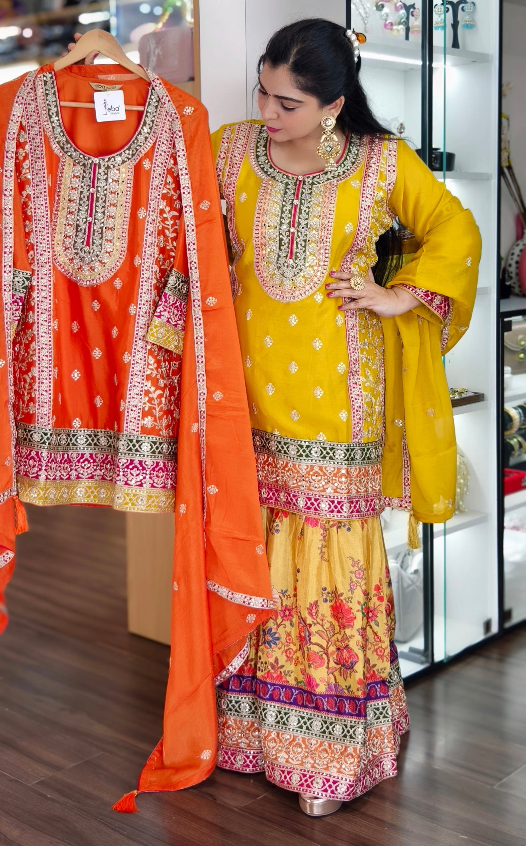 YELLOW AND ORANGE PREMIUM CHINON EMBRORAIRED CREPE SHARARA SUIT WITH FULL DUPATTA
