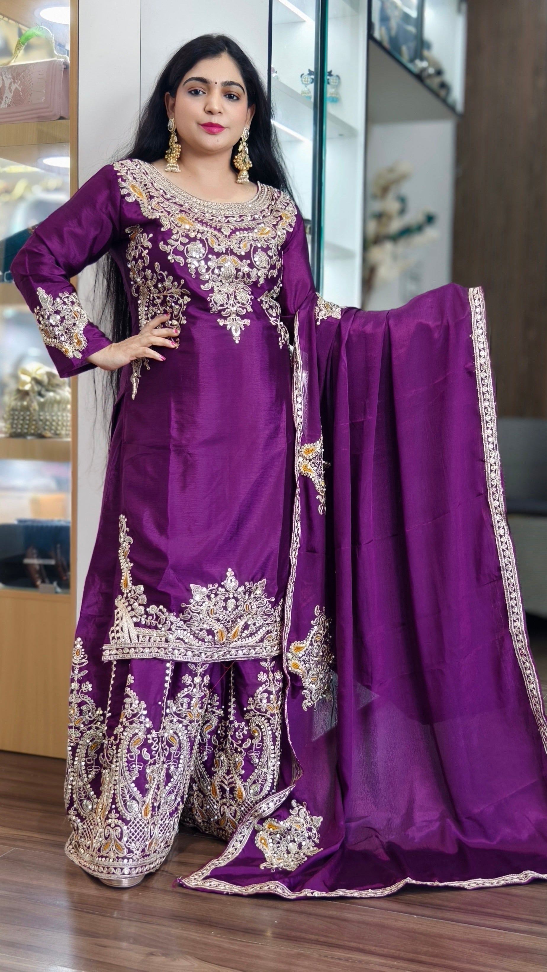 WINE AND FIROZI PREMIUM CHINON EMBRORAIRED SHARARA SUIT WITH FULL DUPATTA