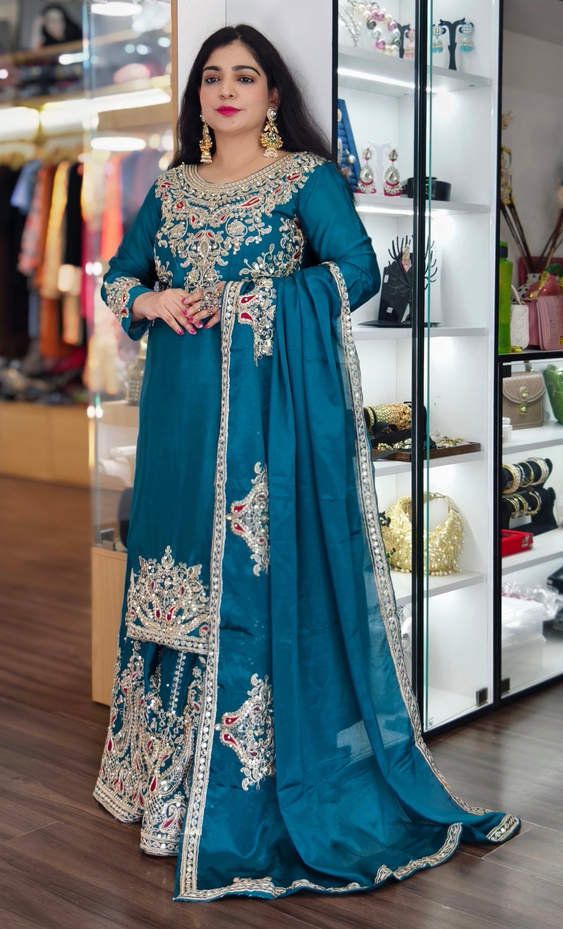 WINE AND FIROZI PREMIUM CHINON EMBRORAIRED SHARARA SUIT WITH FULL DUPATTA