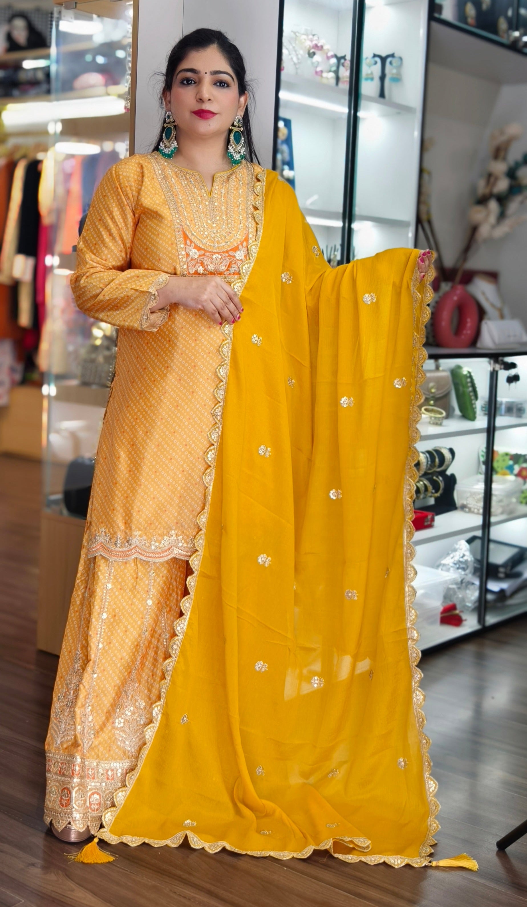 YELLOW PREMIUM  EMBRORAIRED CREPE SHARARA SUIT WITH FULL DUPATTA