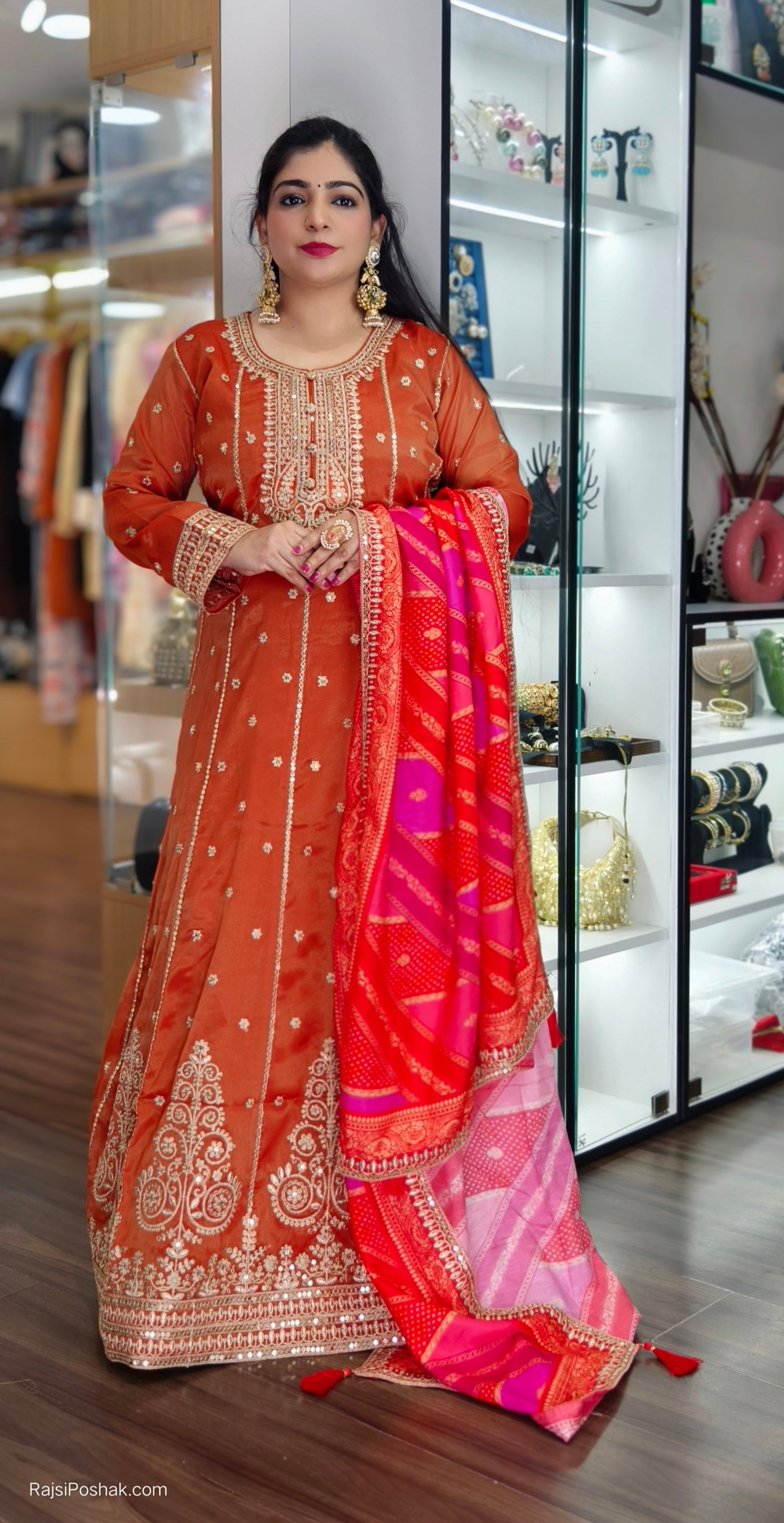 PINK AND ORANGE SIMER TISSUE ANARKALI WITH BEAUTIFUL DIGITAL DUPATTA
