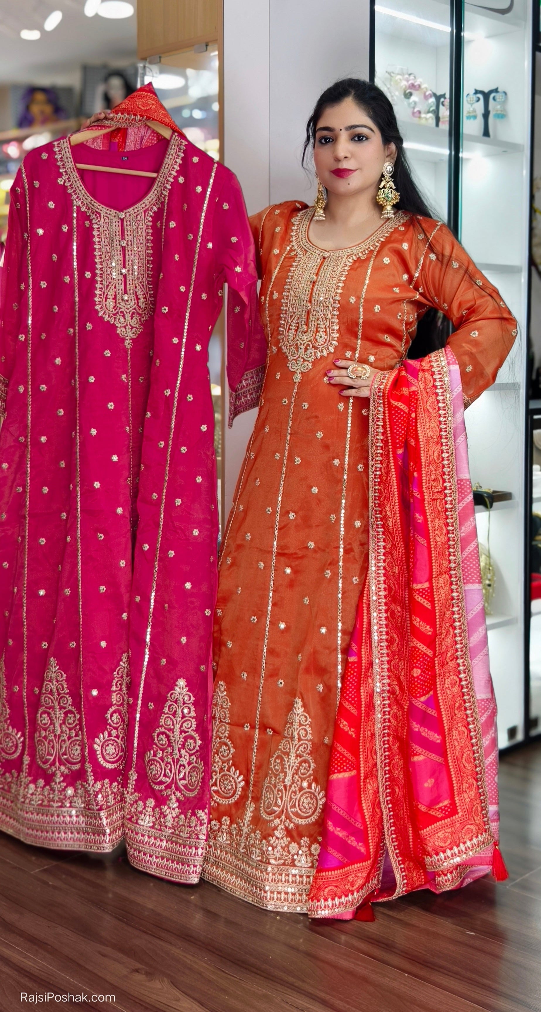 PINK AND ORANGE SIMER TISSUE ANARKALI WITH BEAUTIFUL DIGITAL DUPATTA