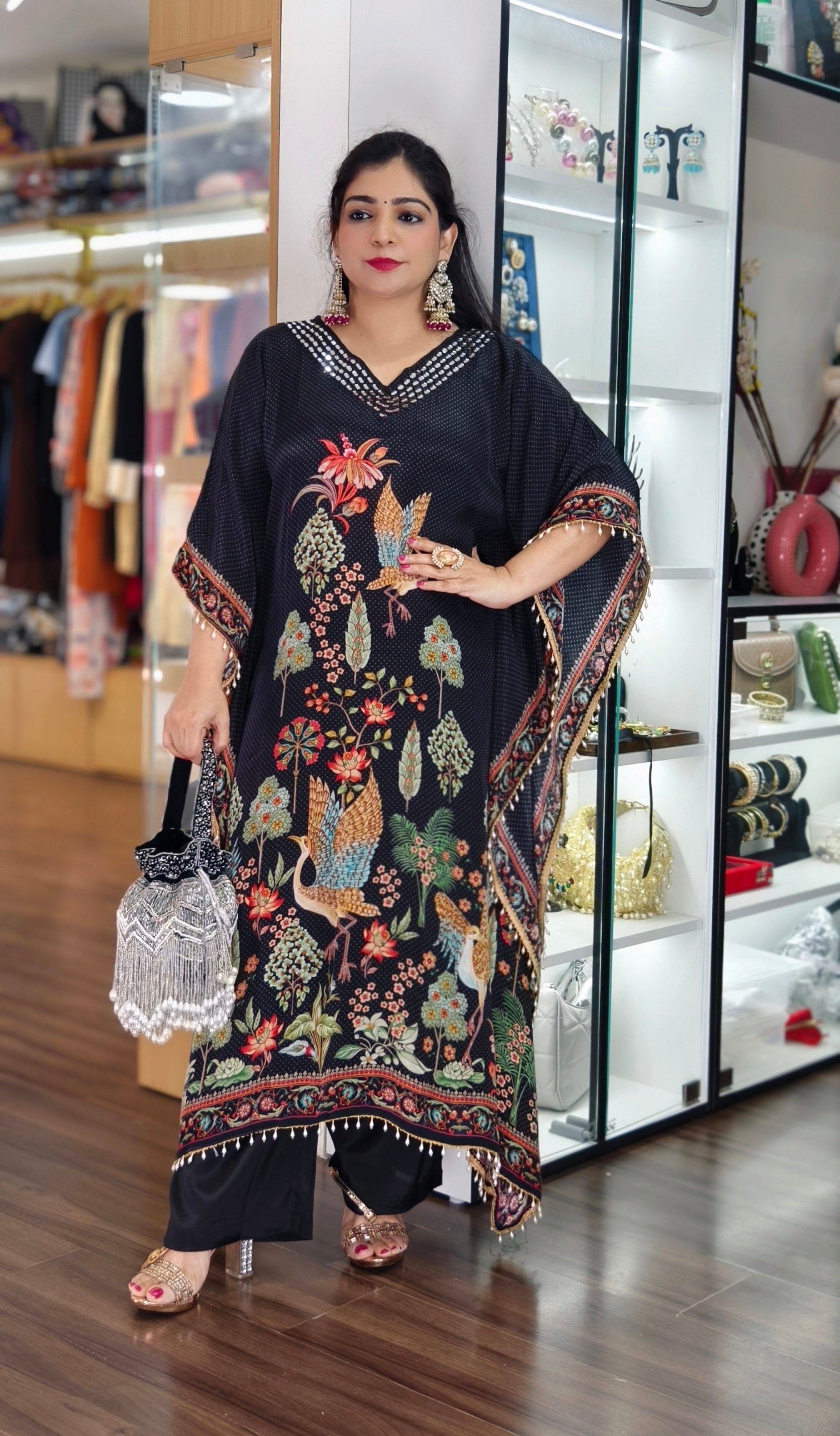 TRENDY BLACK CREPE PARTY WEAR KAFTAN WITH PANT