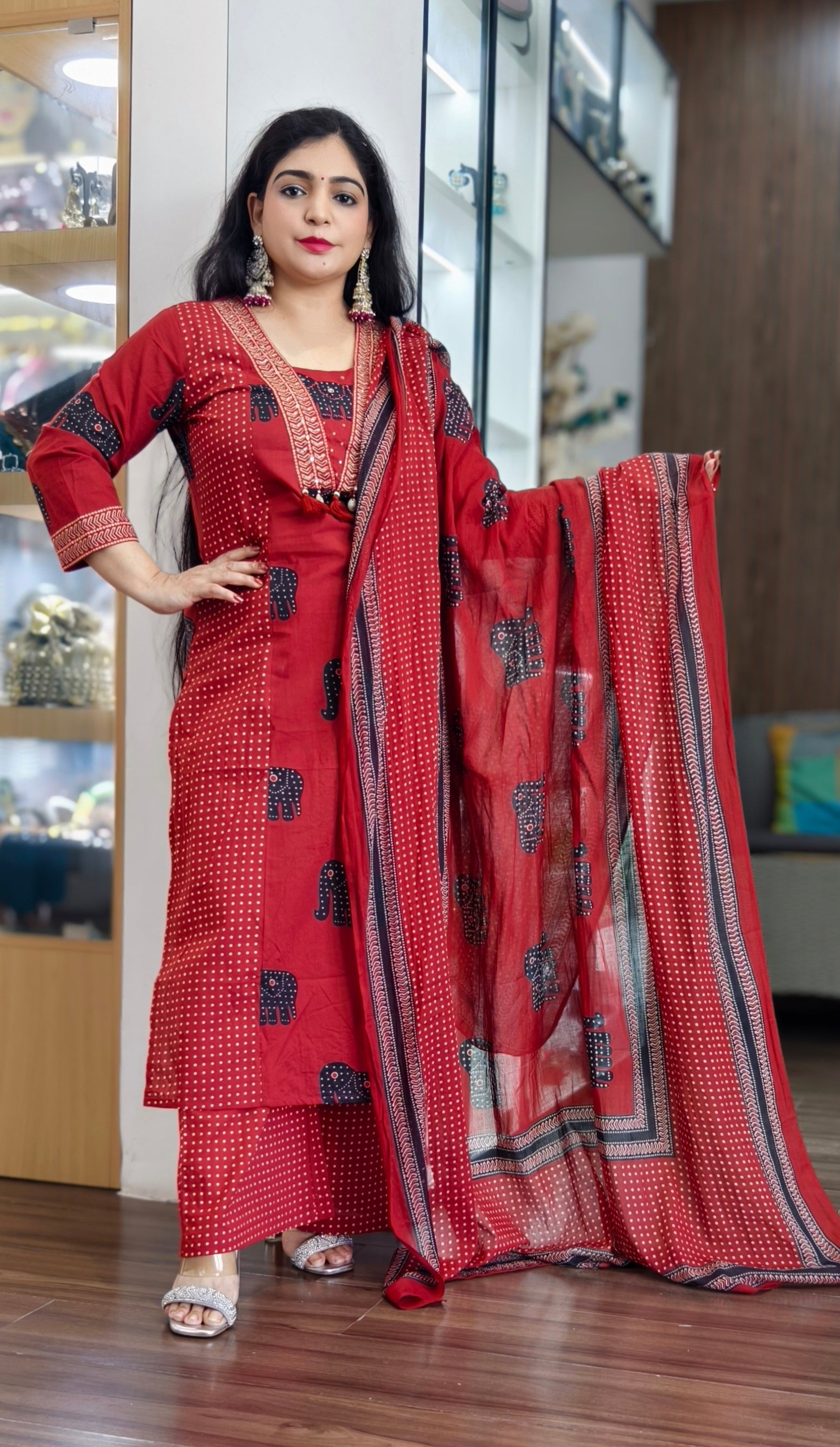 ELEGANT MARUN COTTON HANDWORK KURTA WITH COTTON PRINTED DUPATTA