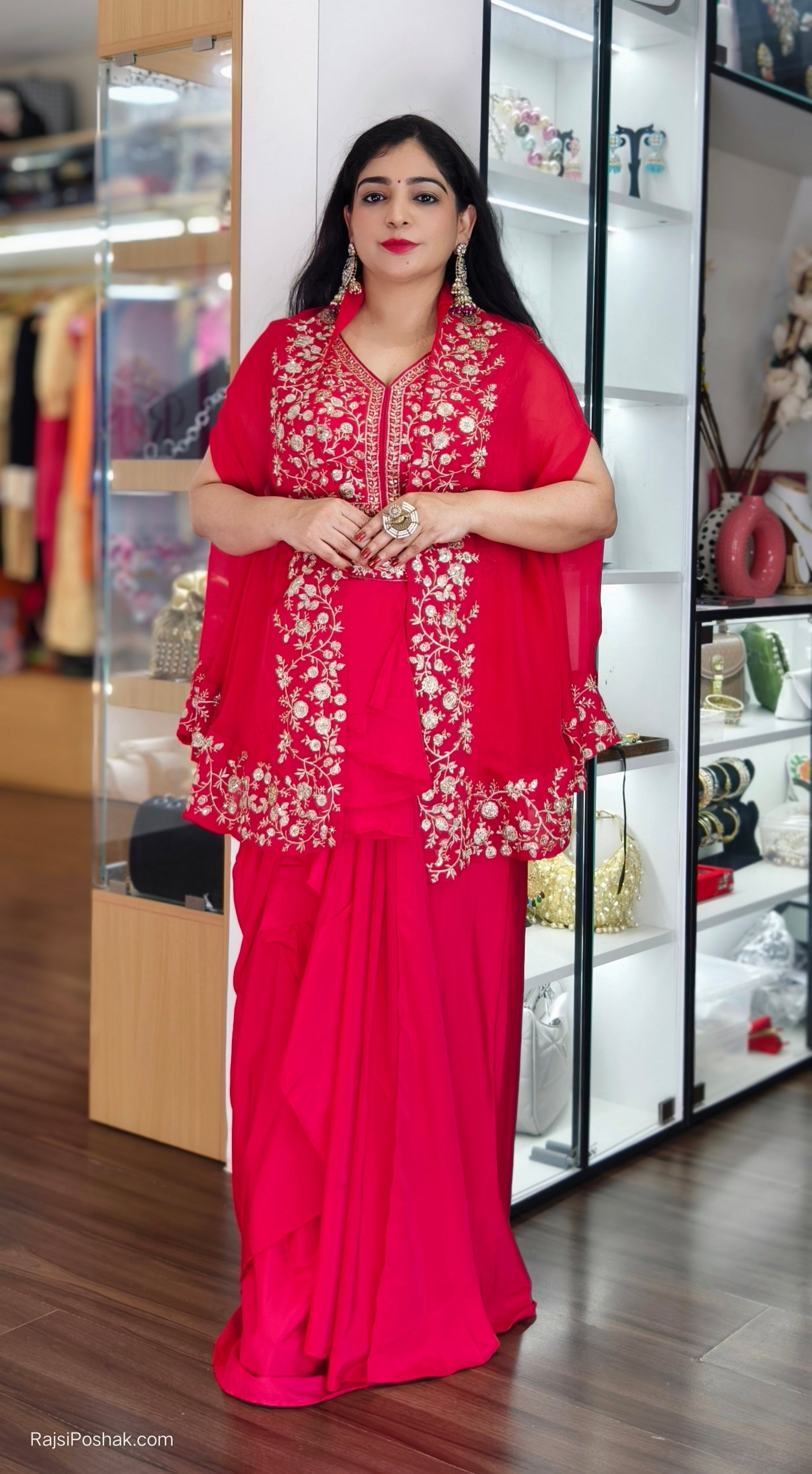 RED,RAMA GREEN & PURPLE CREPE INDOWESTERN DRAPPED  DRESS WITH SHRUG