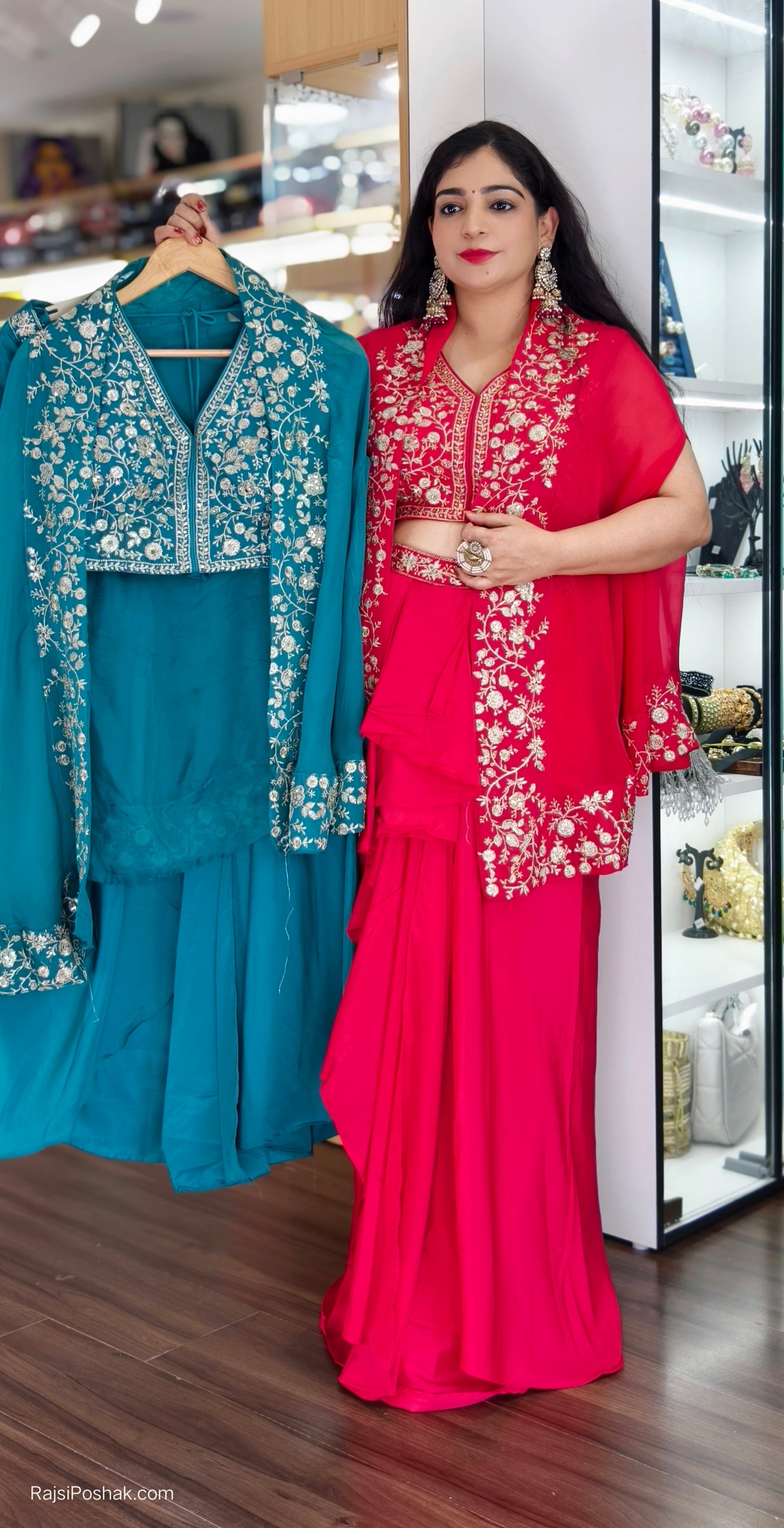 RED,RAMA GREEN & PURPLE CREPE INDOWESTERN DRAPPED  DRESS WITH SHRUG