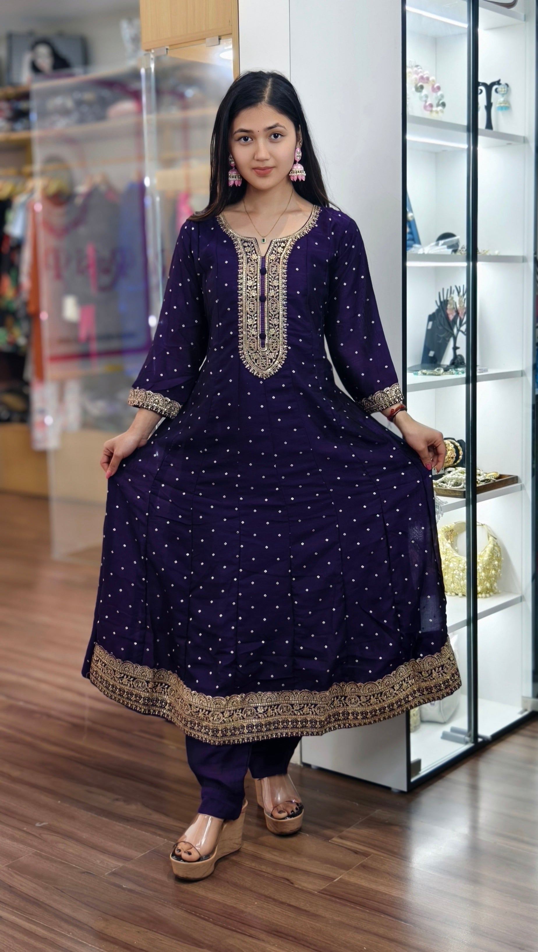 PURPLE SILK ANARKALI WITH  DIGITAL DUPATTA