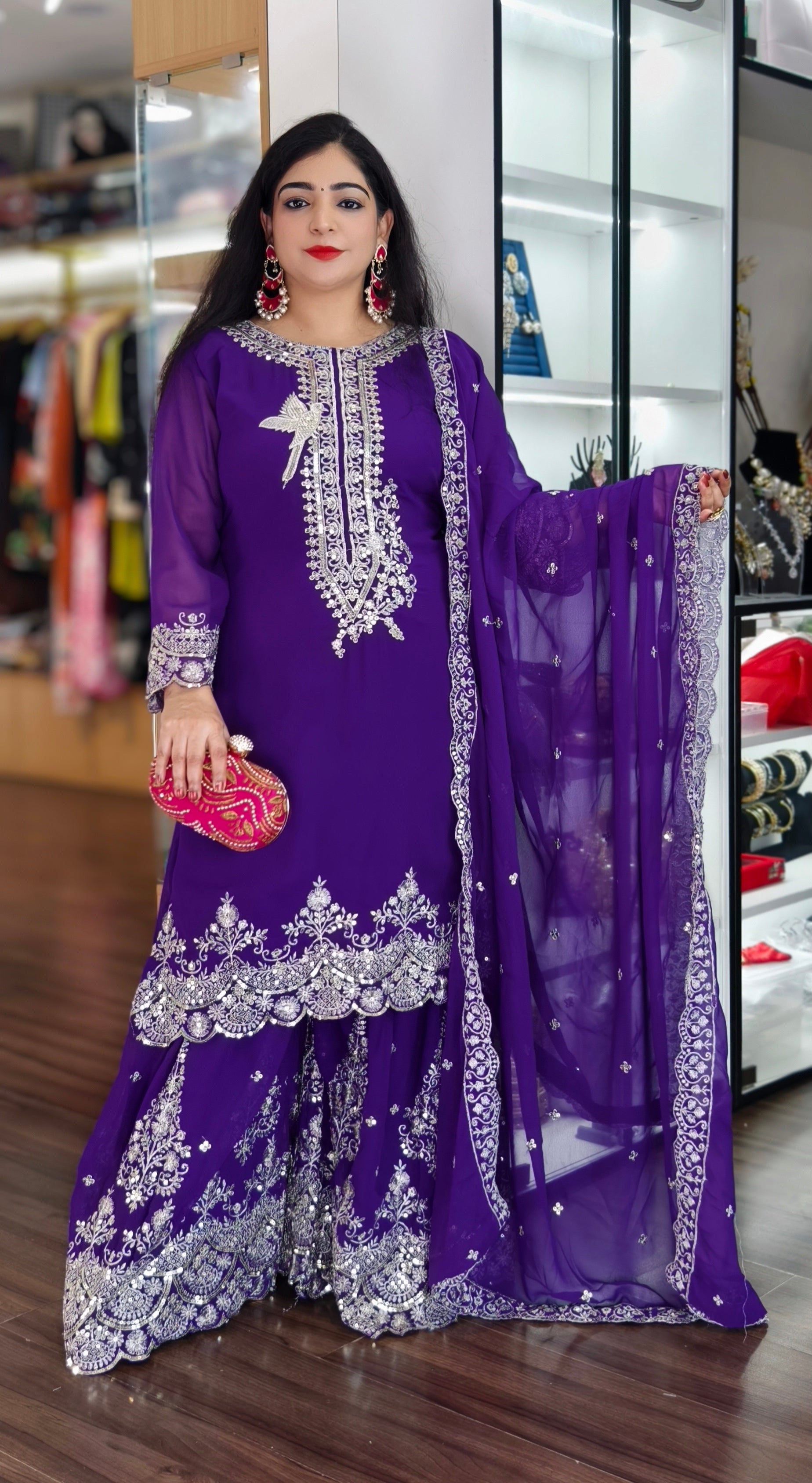 PURPLE AND HOT PINK PREMIUM  EMBRORAIRED GEORGETTE SHARARA SUIT WITH FULL DUPATTA