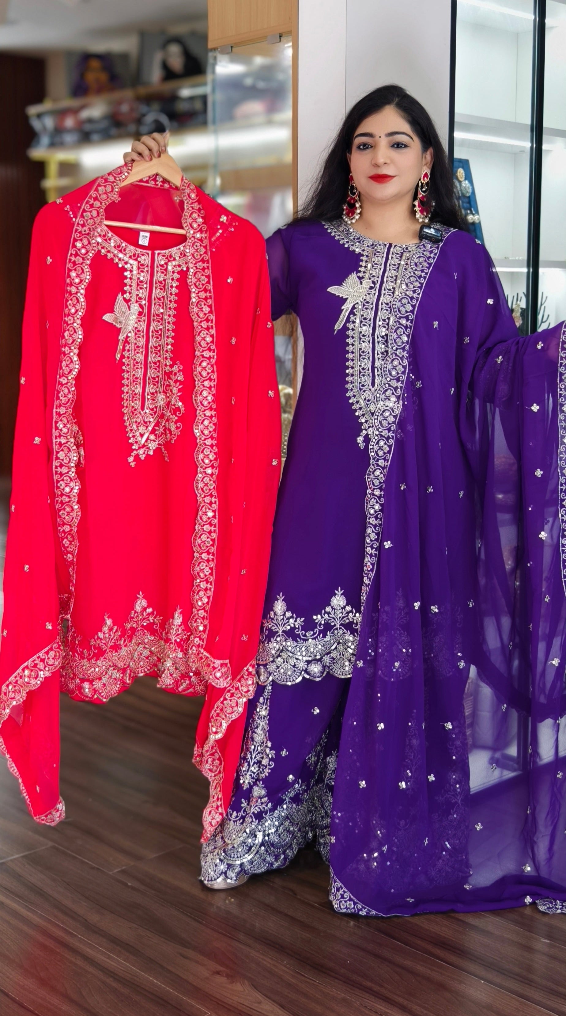 PURPLE AND HOT PINK PREMIUM  EMBRORAIRED GEORGETTE SHARARA SUIT WITH FULL DUPATTA