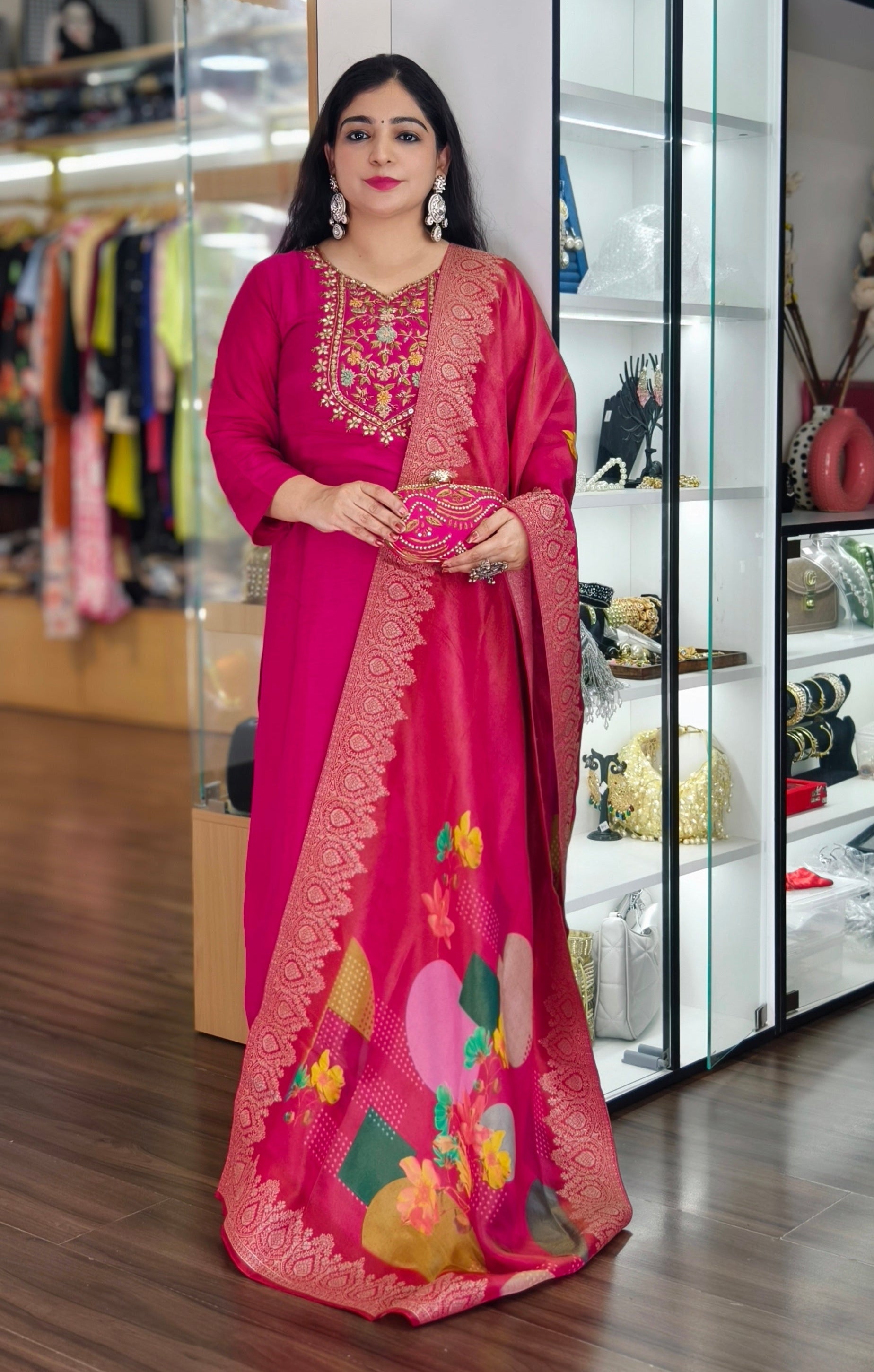 PINK PURE DOLA SILKTOP FEATURING INTRICATE ALL-OVER HANDWORK,  WITH TISSUE DUPATTA