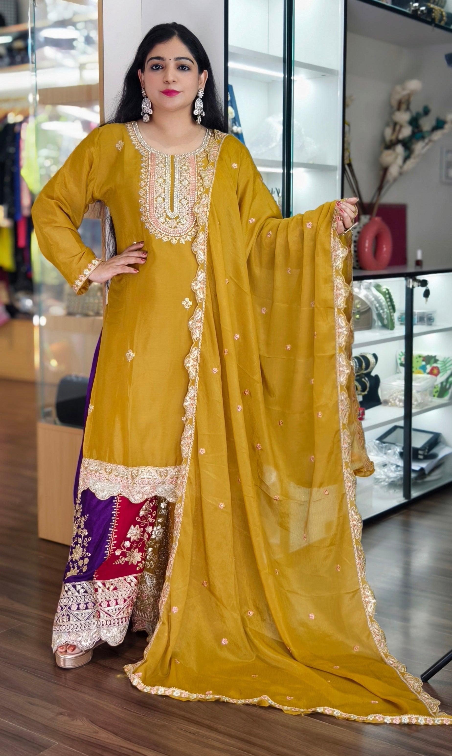 PREMIUM  EMBRORAIRED CHINON SHARARA SUIT WITH FULL DUPATTA