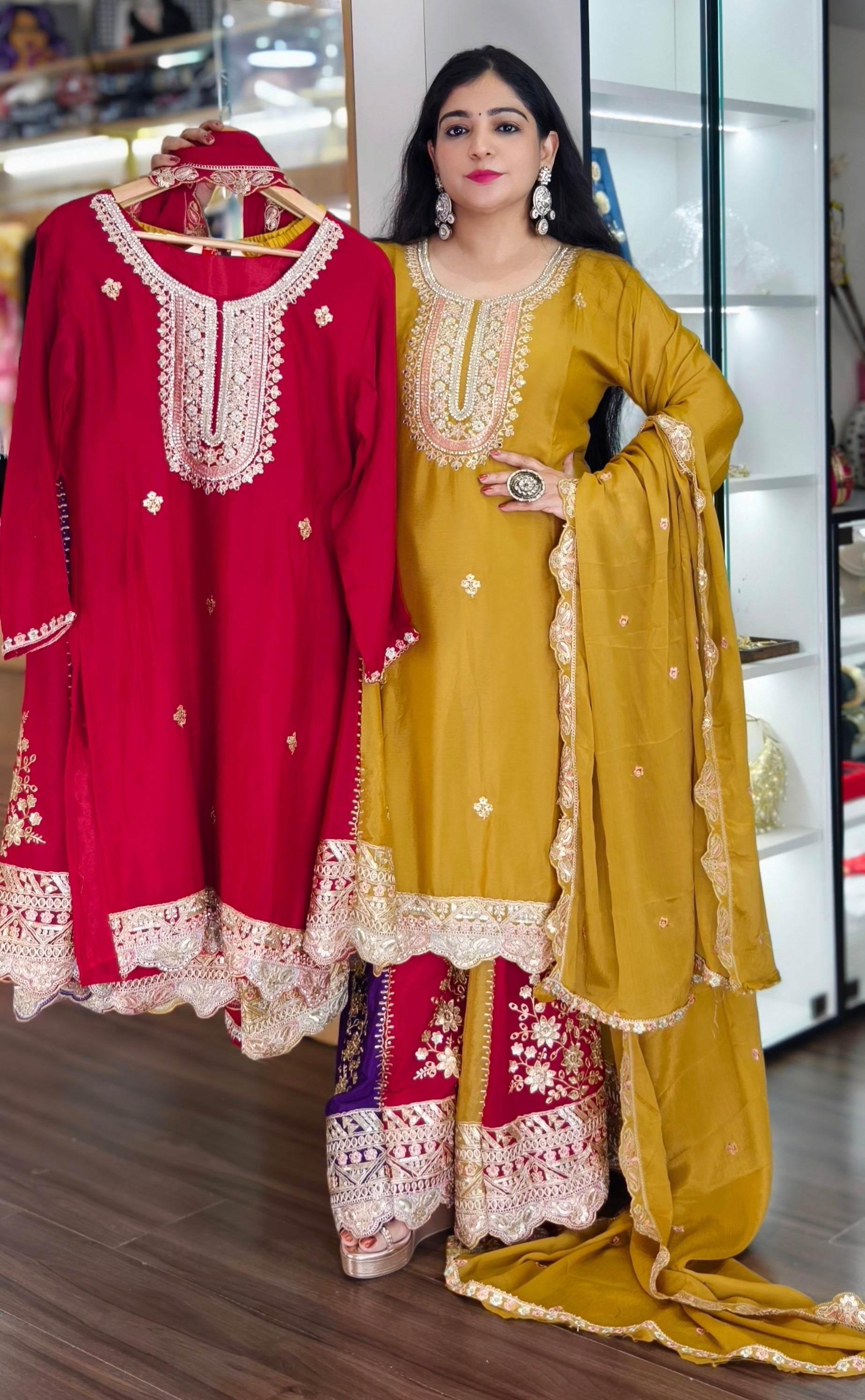 PREMIUM  EMBRORAIRED CHINON SHARARA SUIT WITH FULL DUPATTA
