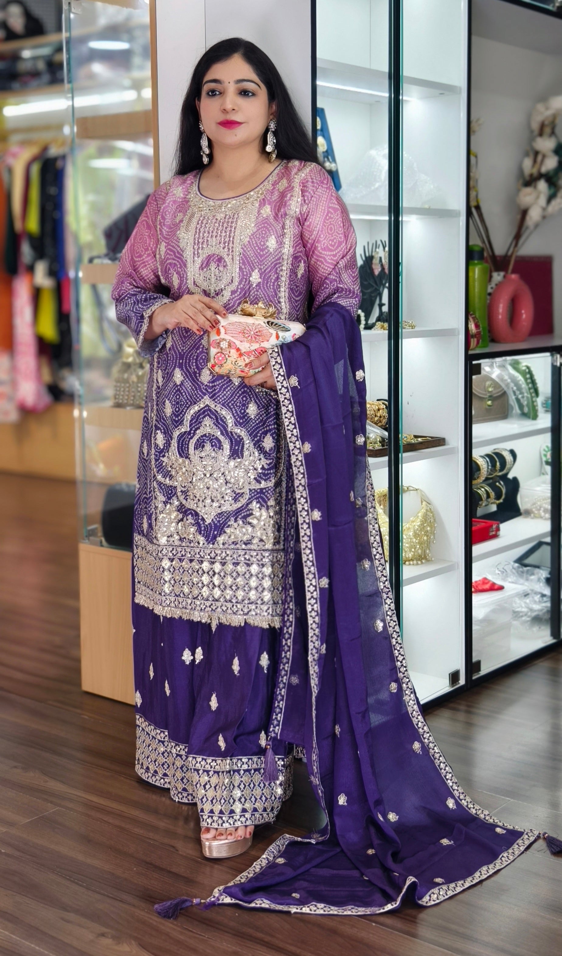 PARTYWEARPREMIUM CREPE EMBRORAIRED SUIT WITH CHINON SARARA & FULL DUPATTA
