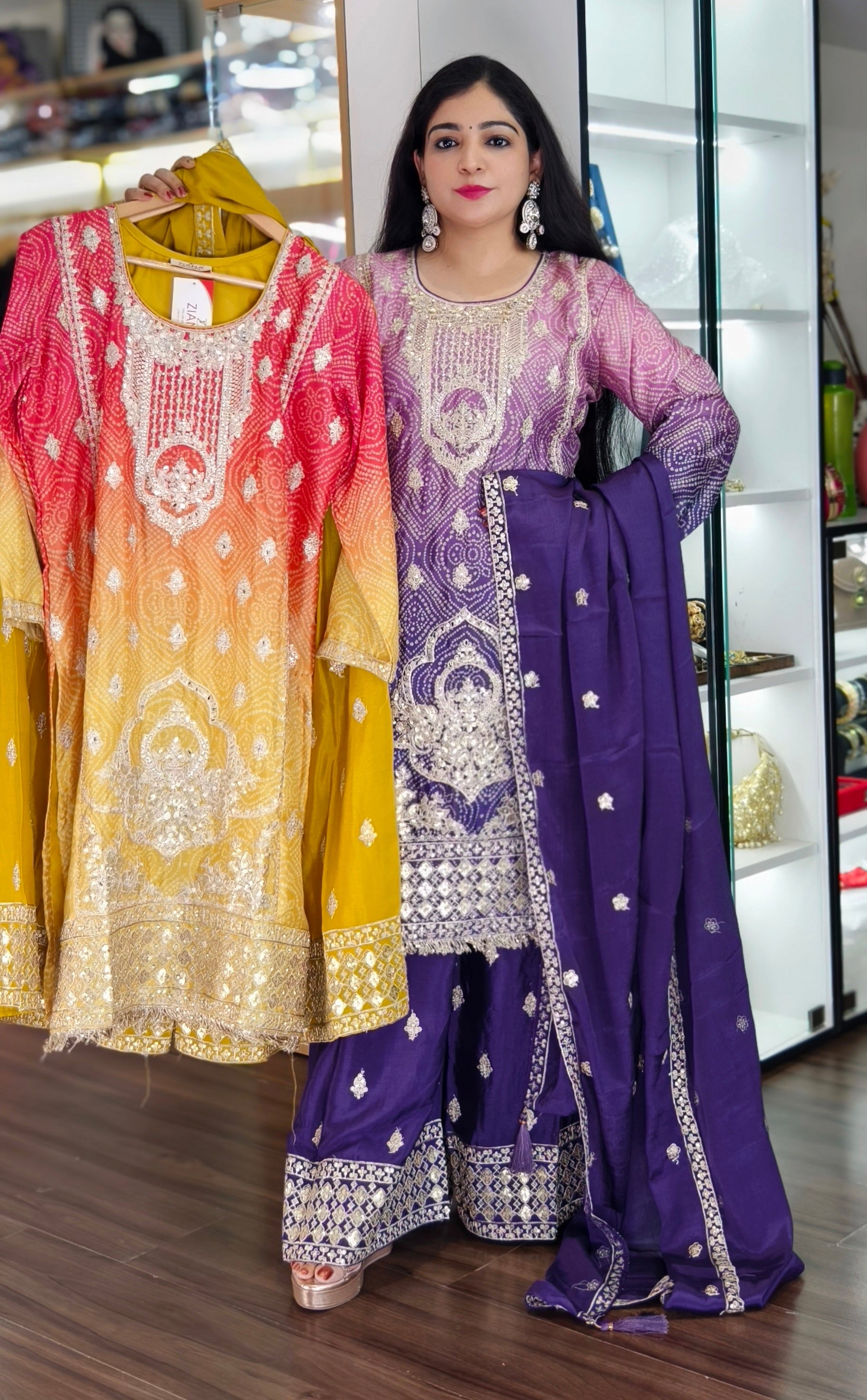 PARTYWEARPREMIUM CREPE EMBRORAIRED SUIT WITH CHINON SARARA & FULL DUPATTA