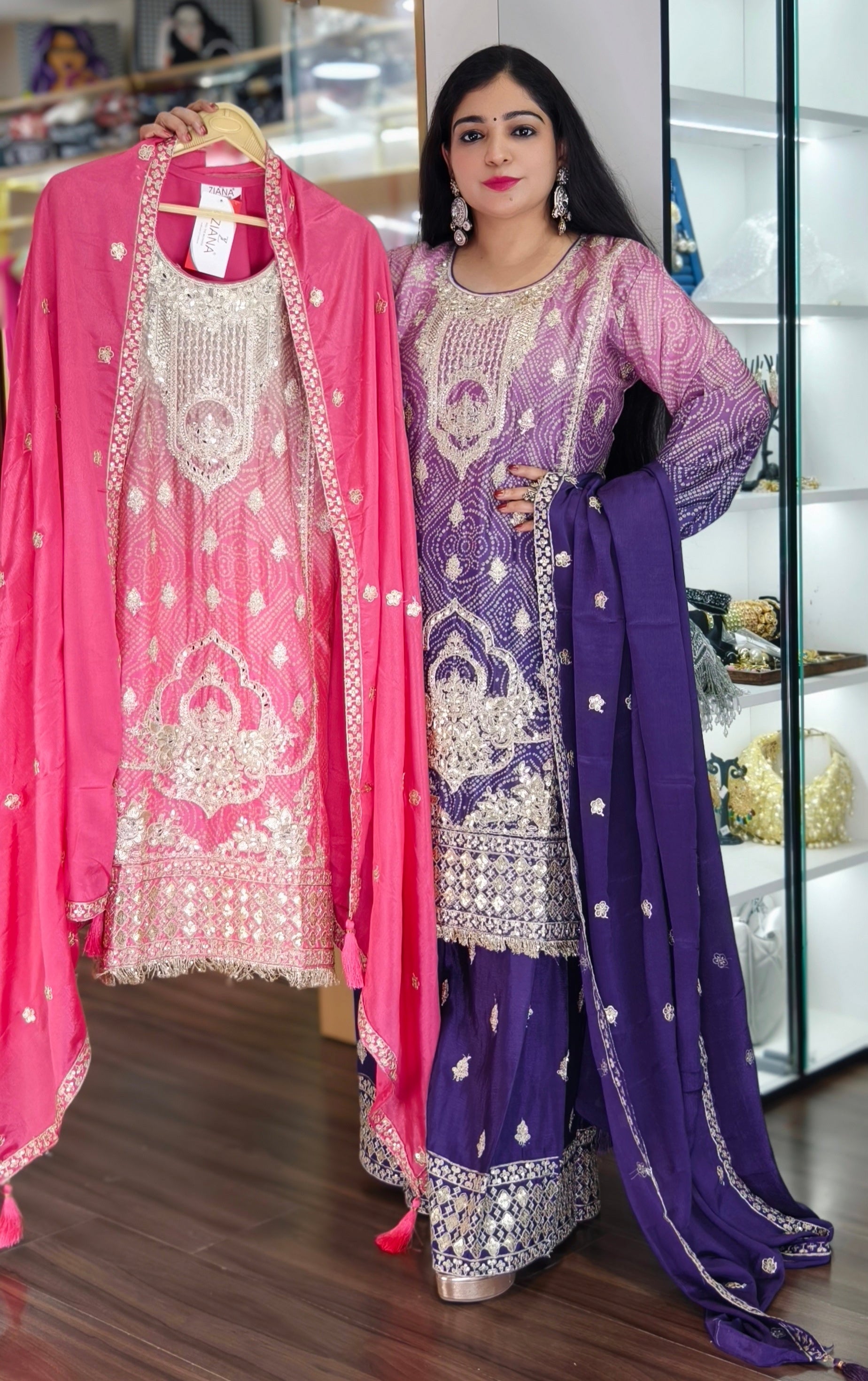 PARTYWEARPREMIUM CREPE EMBRORAIRED SUIT WITH CHINON SARARA & FULL DUPATTA